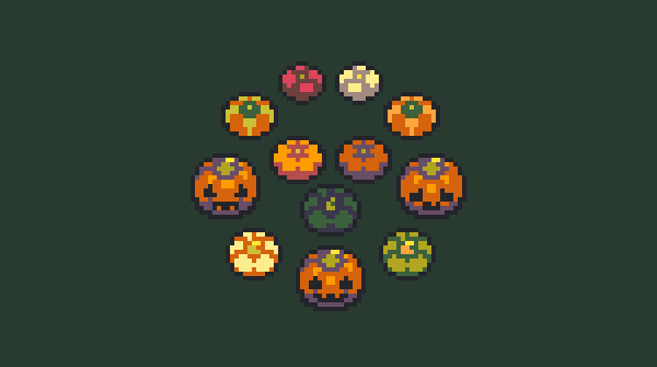 It's pixel art of pumpkins and gourds of various sizes, yellow and orange and green, arranged into a circular pattern. Some have been carved into grinning jack-o-lanterns.