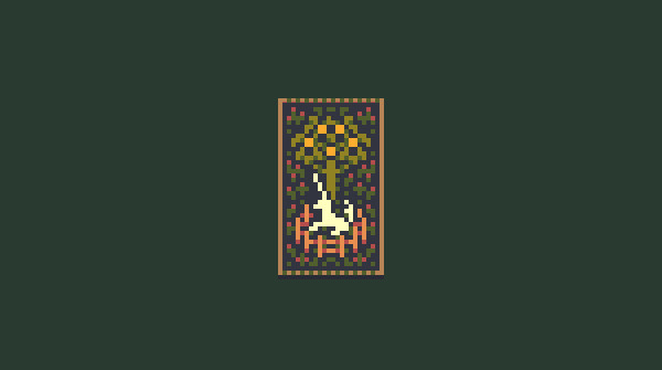 It's pixel art of one panel of The Hunt of the Unicorn, or the Unicorn Tapestries. In it, a white unicorn rests beneath a fruit tree. She is surrounded by a low fence and the garden beyond it, teeming with life.