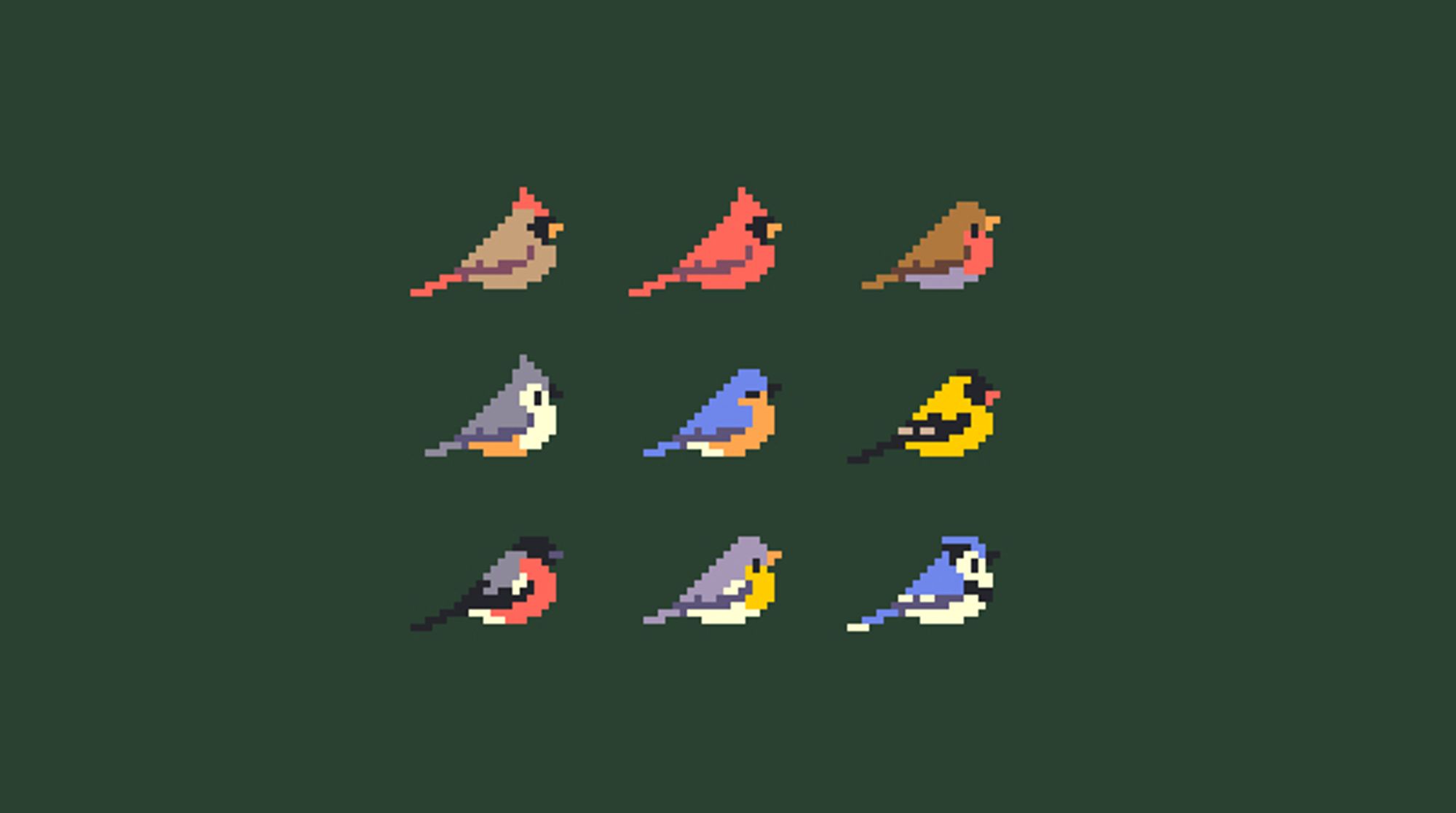 It's pixel art of several common songbirds, very tiny and in profile, including male and female cardinals, bluebird and blue jay, titmouse, robin, and goldfinch ...