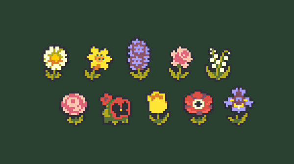 It's pixel art of ten springtime flowers against a green background: white daisy, yellow lily, purple hyacinth, pink daffodil, little white maybells (or lily of the valley), pink ranunculus, red pansies, yellow tulip, red poppy, and purple iris