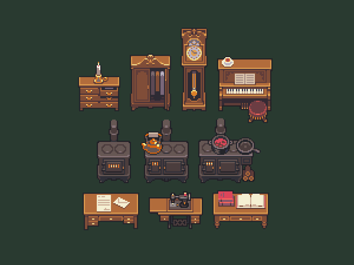 It's pixel art of various pieces of antique furniture against a dark green background: a grandfather clock, a sewing table, a cast iron stove, an upright piano ...