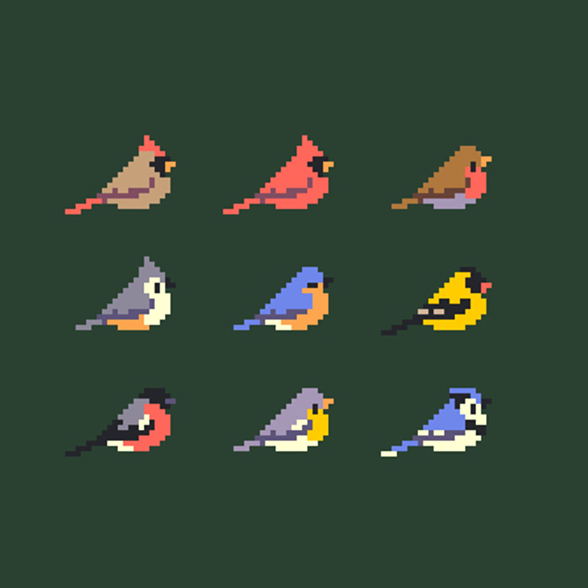 It's pixel art of several common songbirds, very tiny and in profile, including male and female cardinals, bluebird and blue jay, titmouse, robin, and goldfinch ...