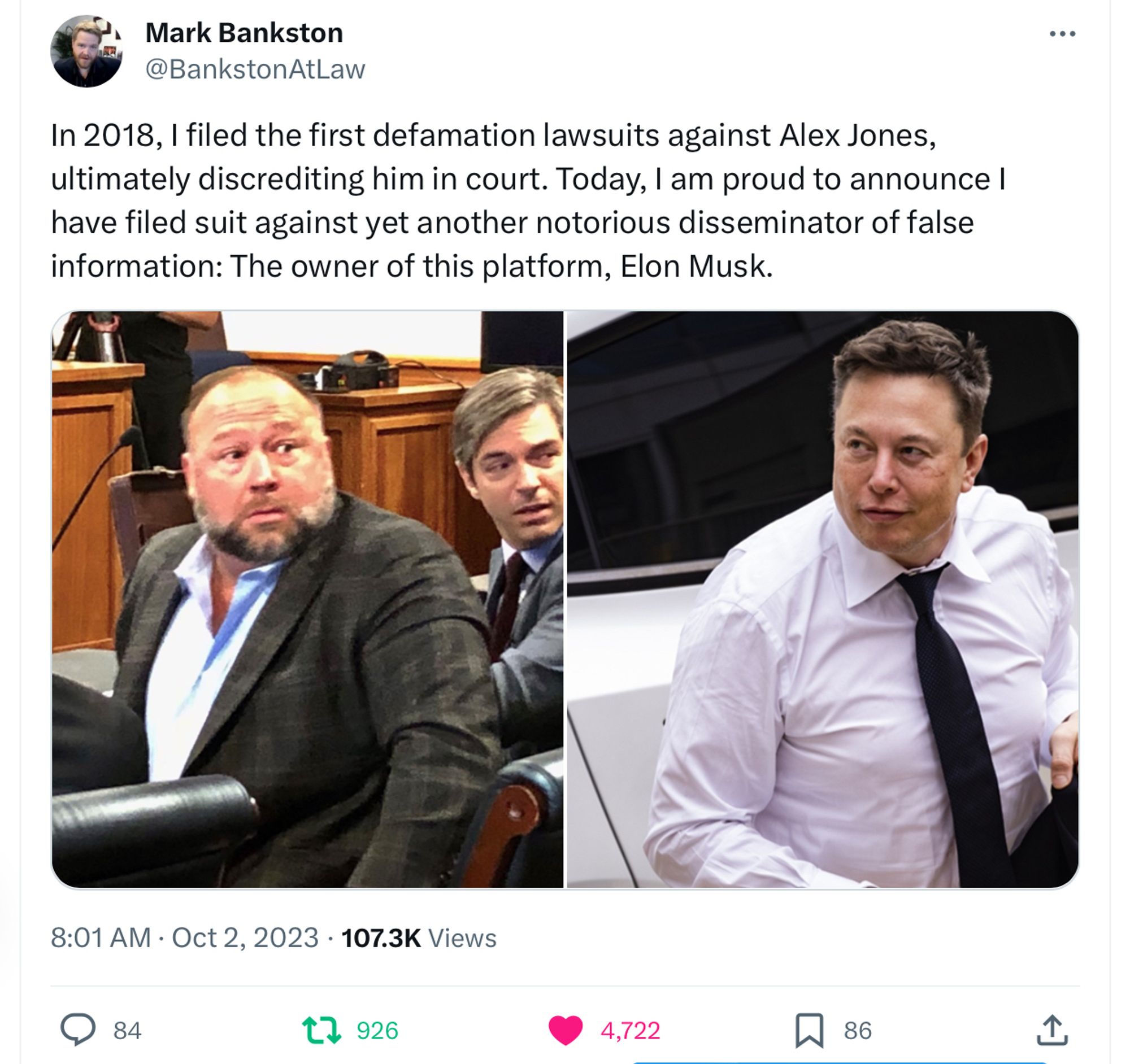 Tweet from Mark Bankston, which says:

"In 2018, I filed the first defamation lawsuits against Alex Jones, ultimately discrediting him in court. Today, I am proud to announce I have filed suit against yet another notorious disseminator of false information: The owner of this platform, Elon Musk."