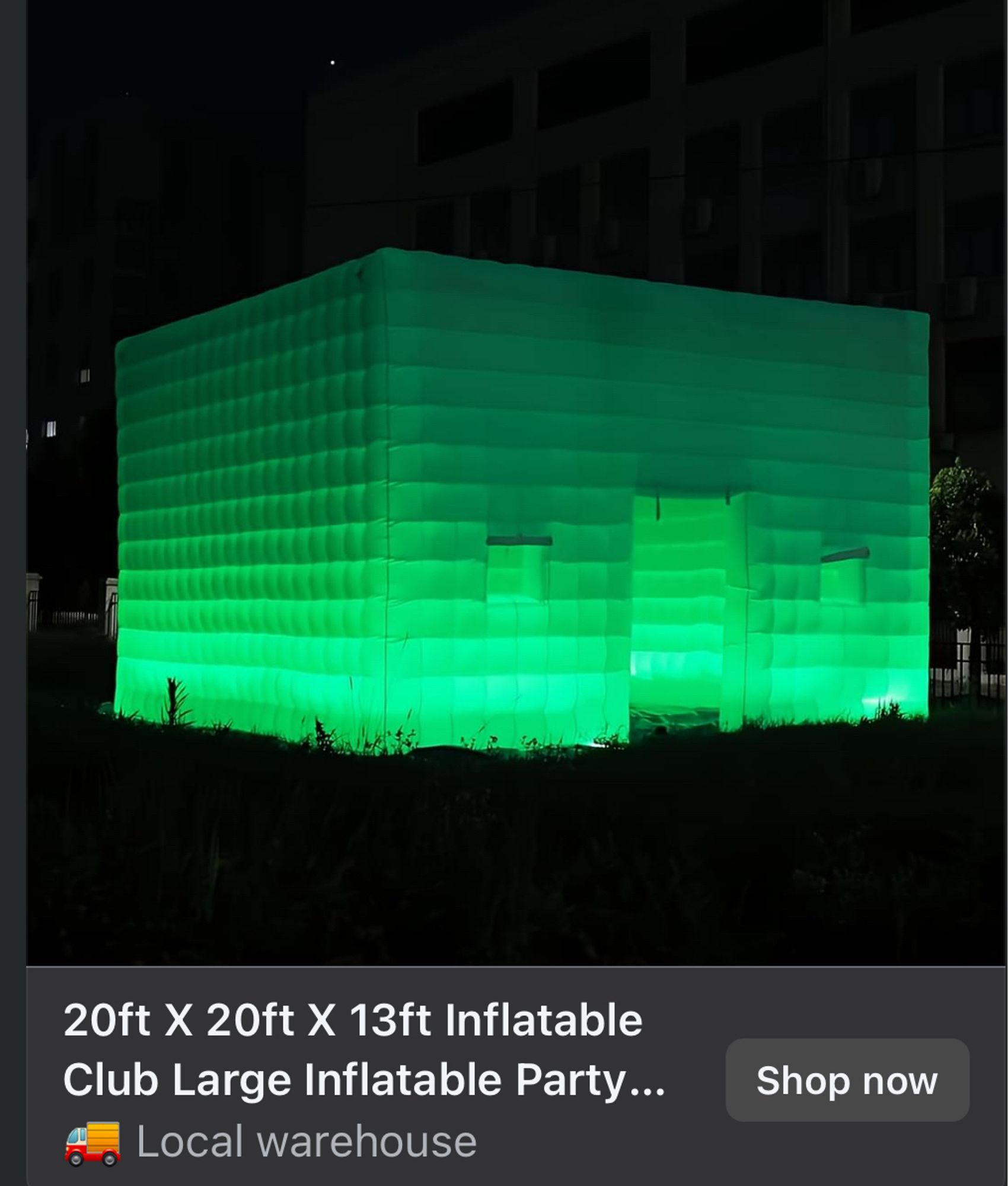 An ad for a “20ft x 20ft x 13ft inflatable club large inflatable party” that looks like a house made of clear frosted cubes with green LED lights lighting the bottom.