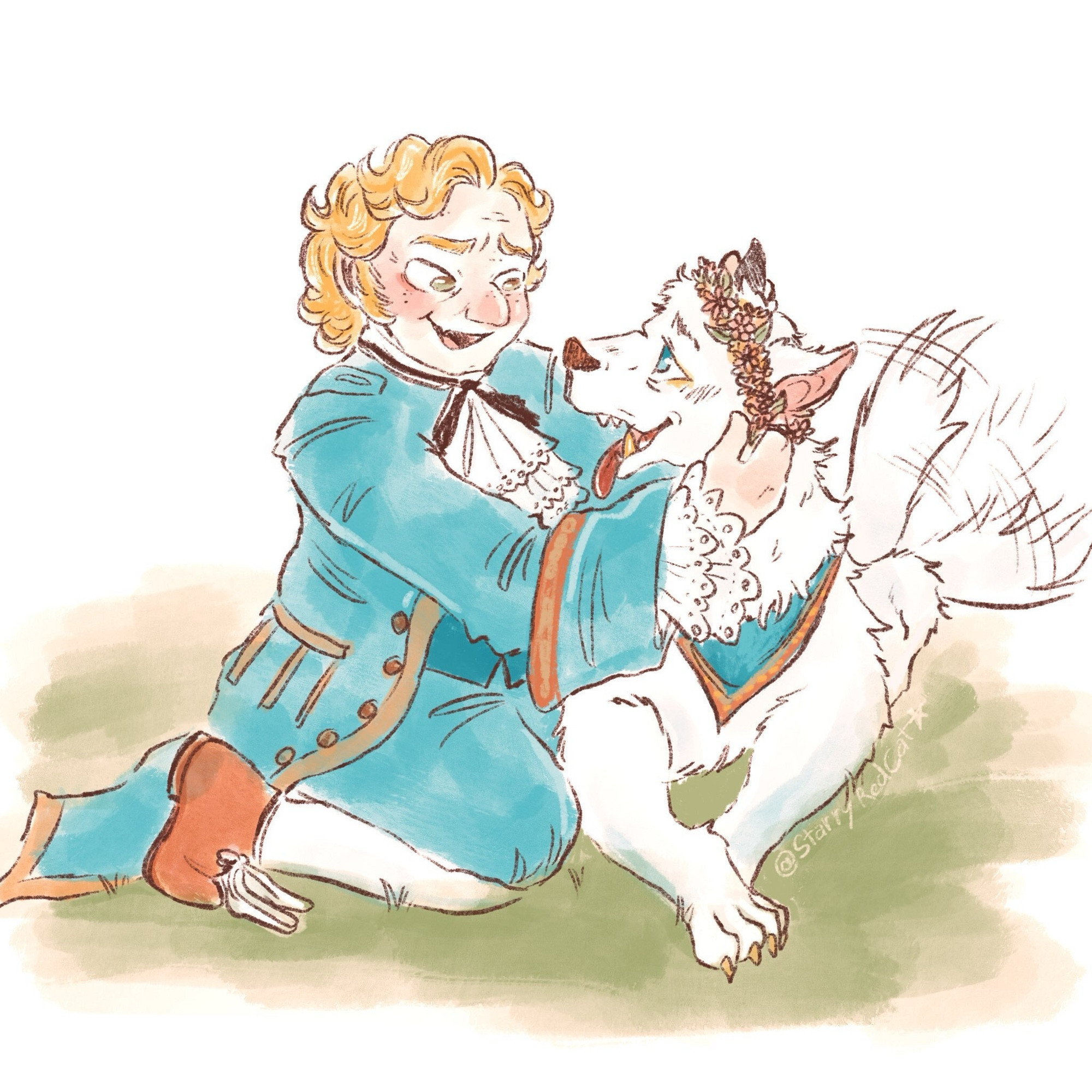 A drawing of Stede Bonnet from Our Flag Means death. He is wearing his fancy blue outfit. He is kneeling in grass with a large white dog and is putting a flower crown on her. The dog has gold eyeliner, gold teeth, and gold claws and is wearing a blue bandana to match Stede. She is wagging get tail happily.