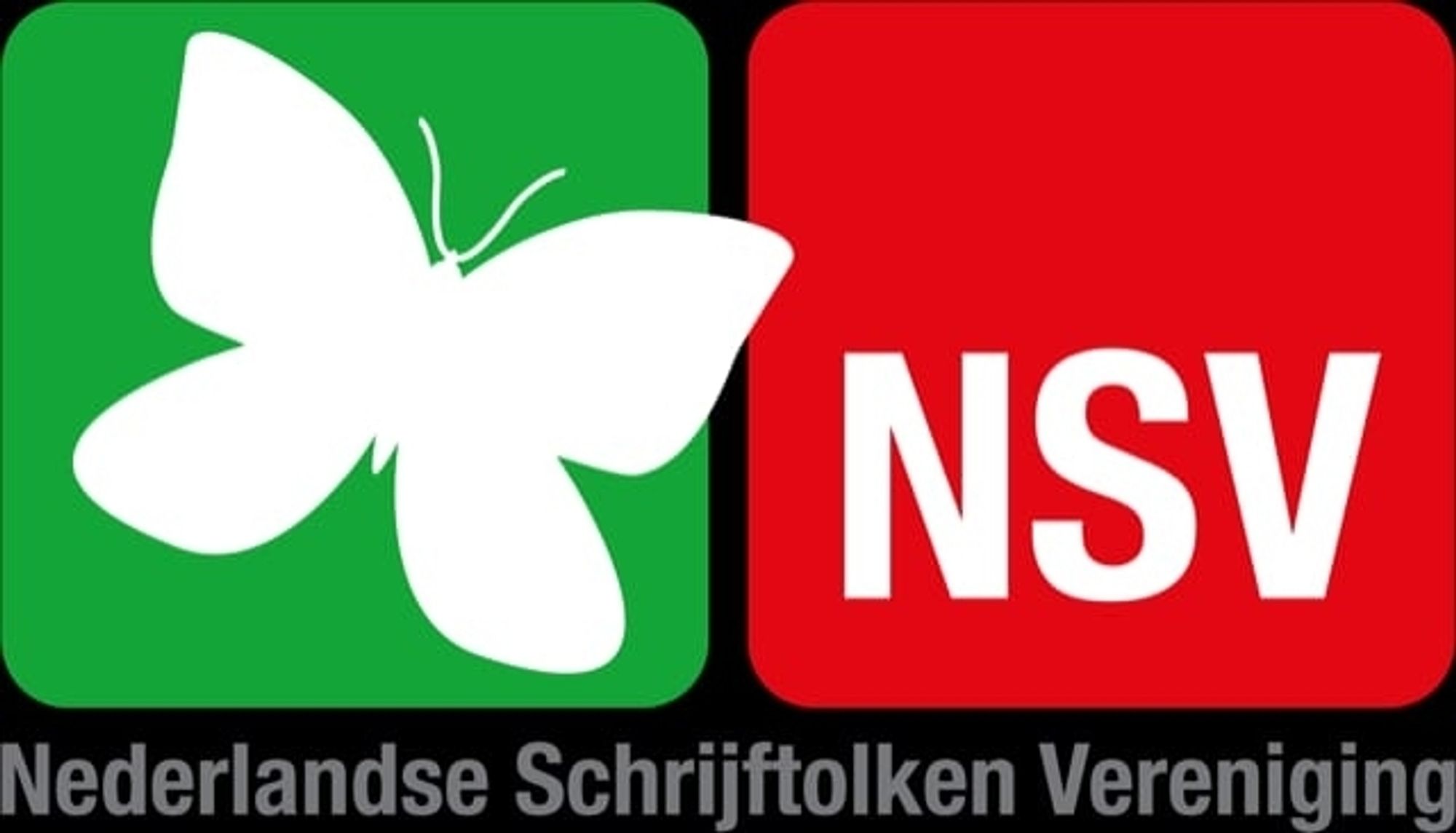 Het logo van de NSV: 2 blokken. De linker is groen met een witte vlinder. Het rechter blok is rood en onderin staat met witte letters NSV
Gecentreerd staat onder beide blokken in het grijs de tekst: Nederlandse Schrijftolken Vereniging.