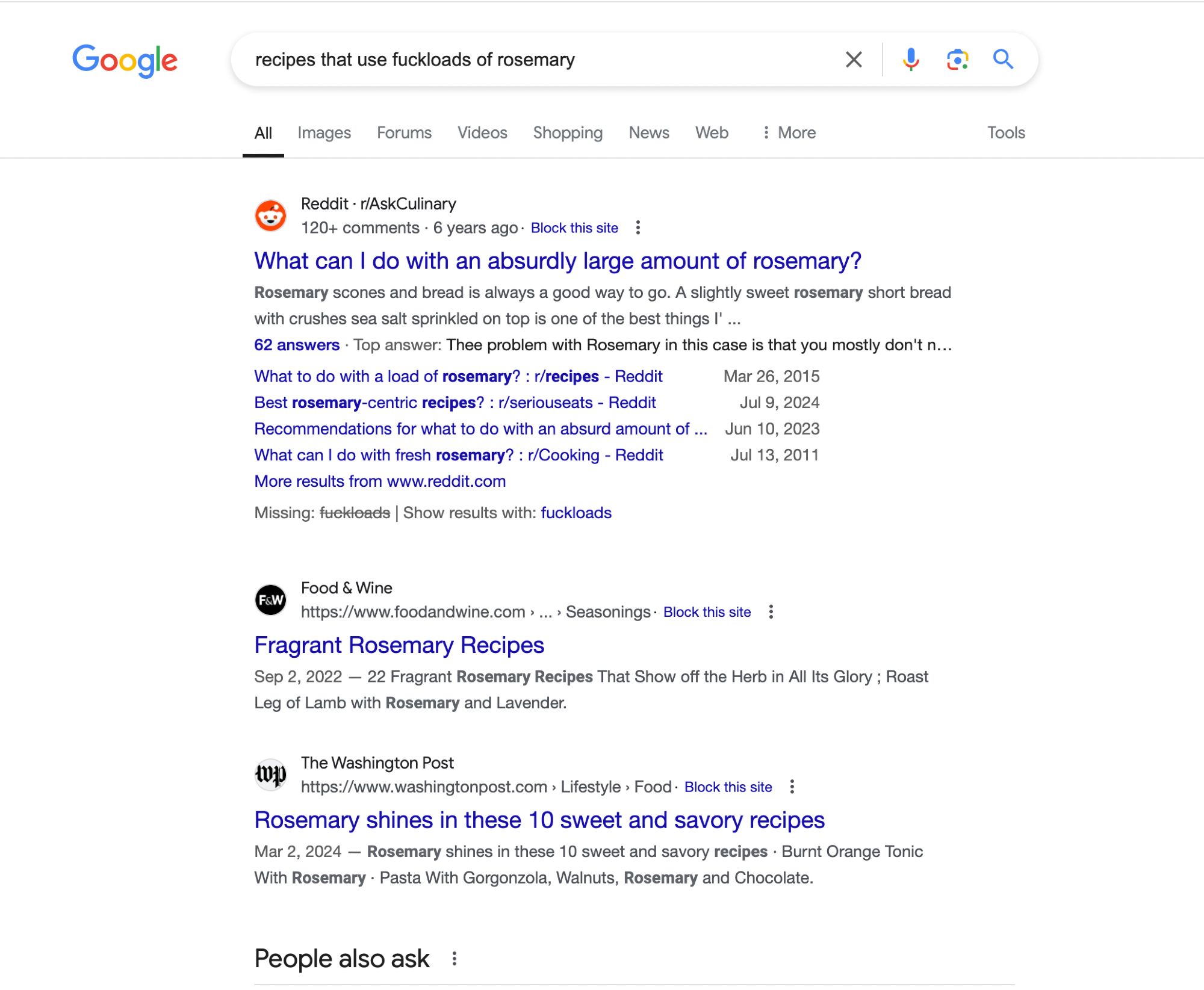 screenshot of google search : recipes that use fuckloads of rosemary