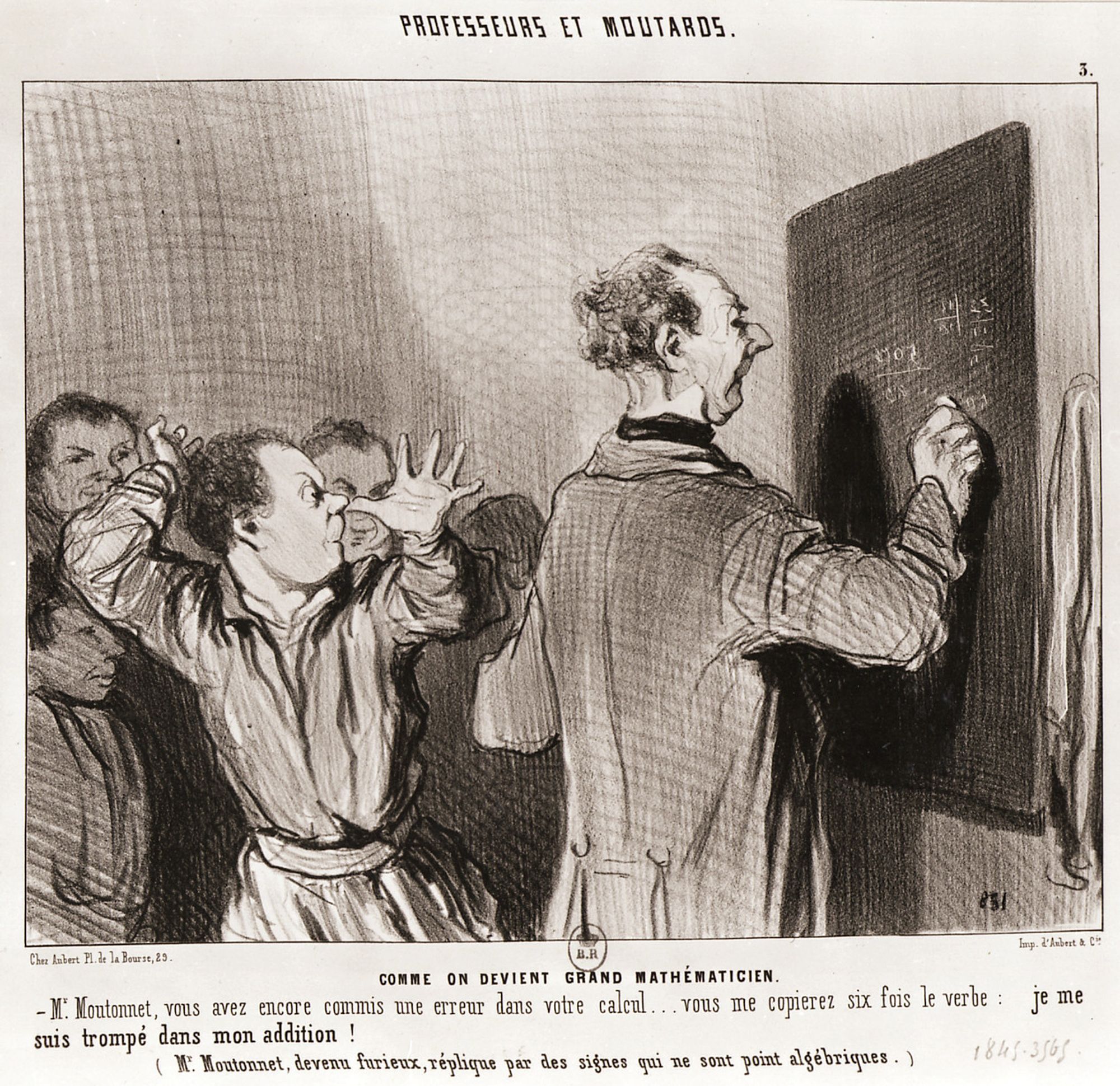 Caricature by Honoré Daumier. A child is making a grimace behind the back of his teacher.