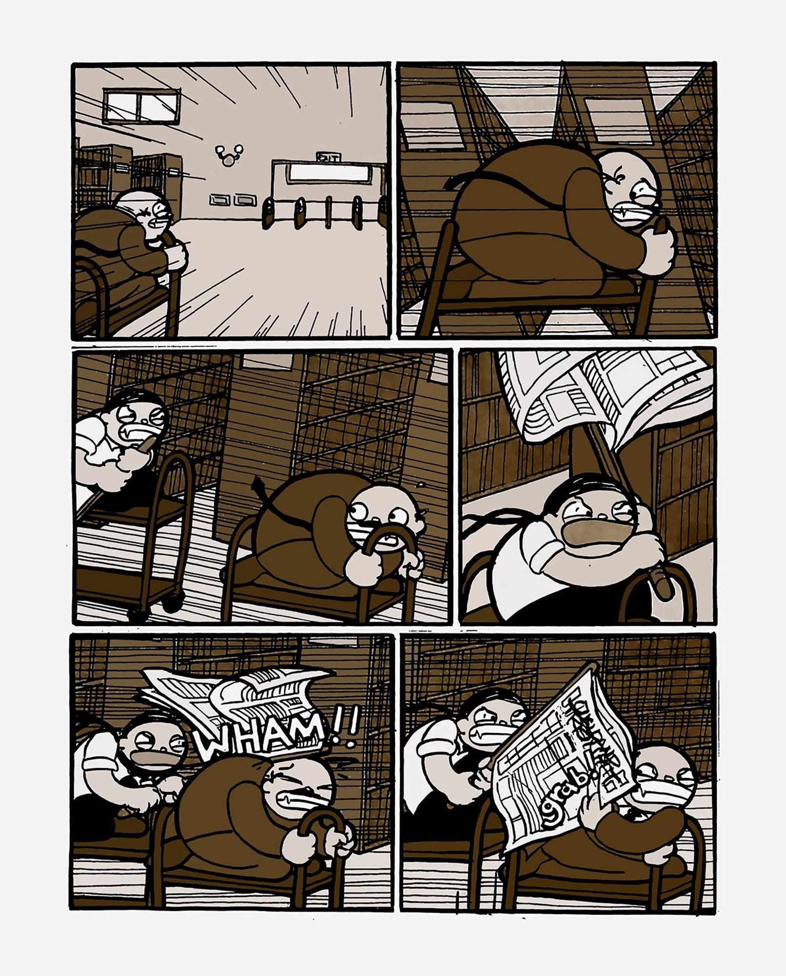 a page from the graphic novel Bookhunter by Jason Shiga. a hot pursuit between two characters riding bookcarts, zooming past bookshelves, one hitting the other with a newspaper stick.