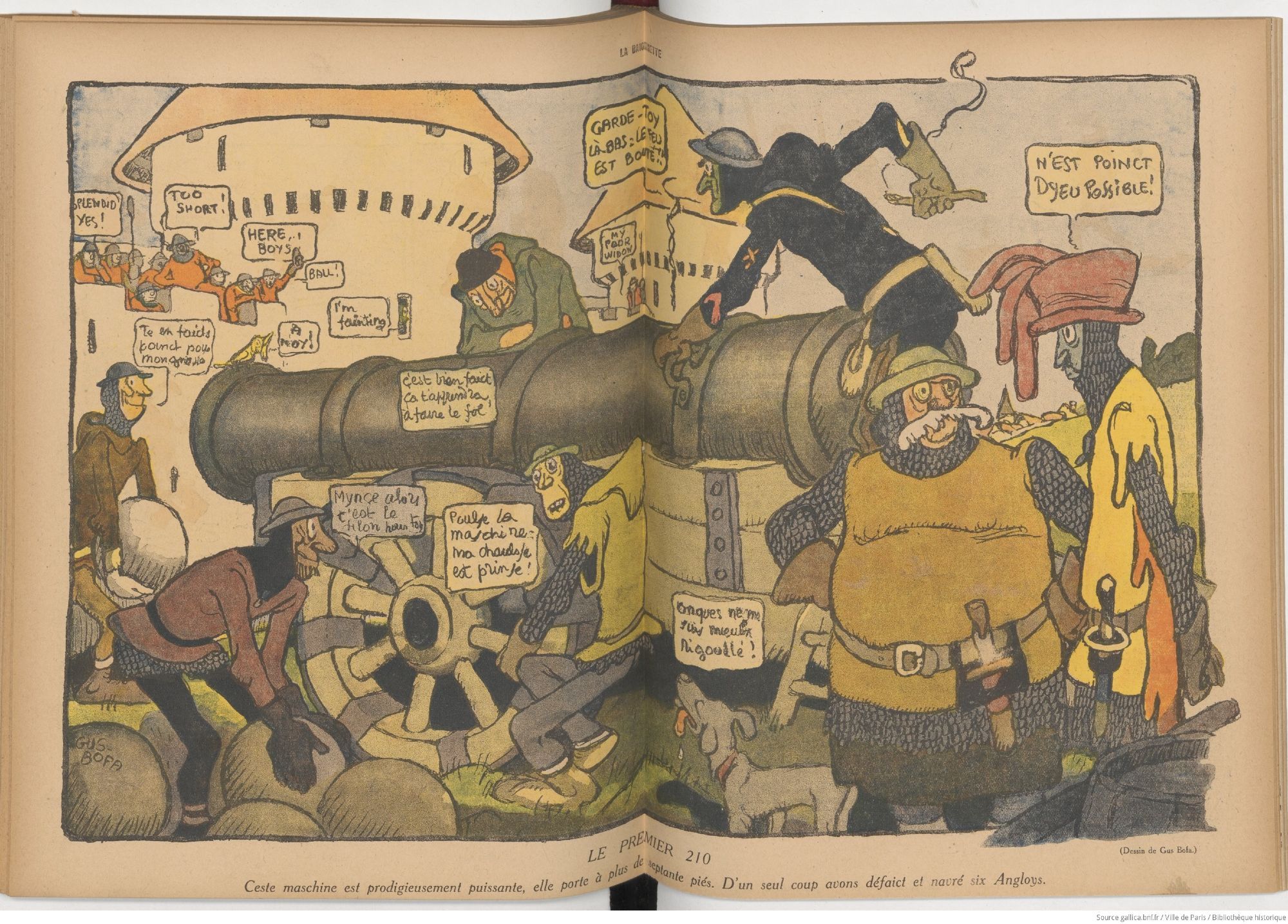 Two-page spread by Gus bofa showing medieval soldiers around a huge cannon.