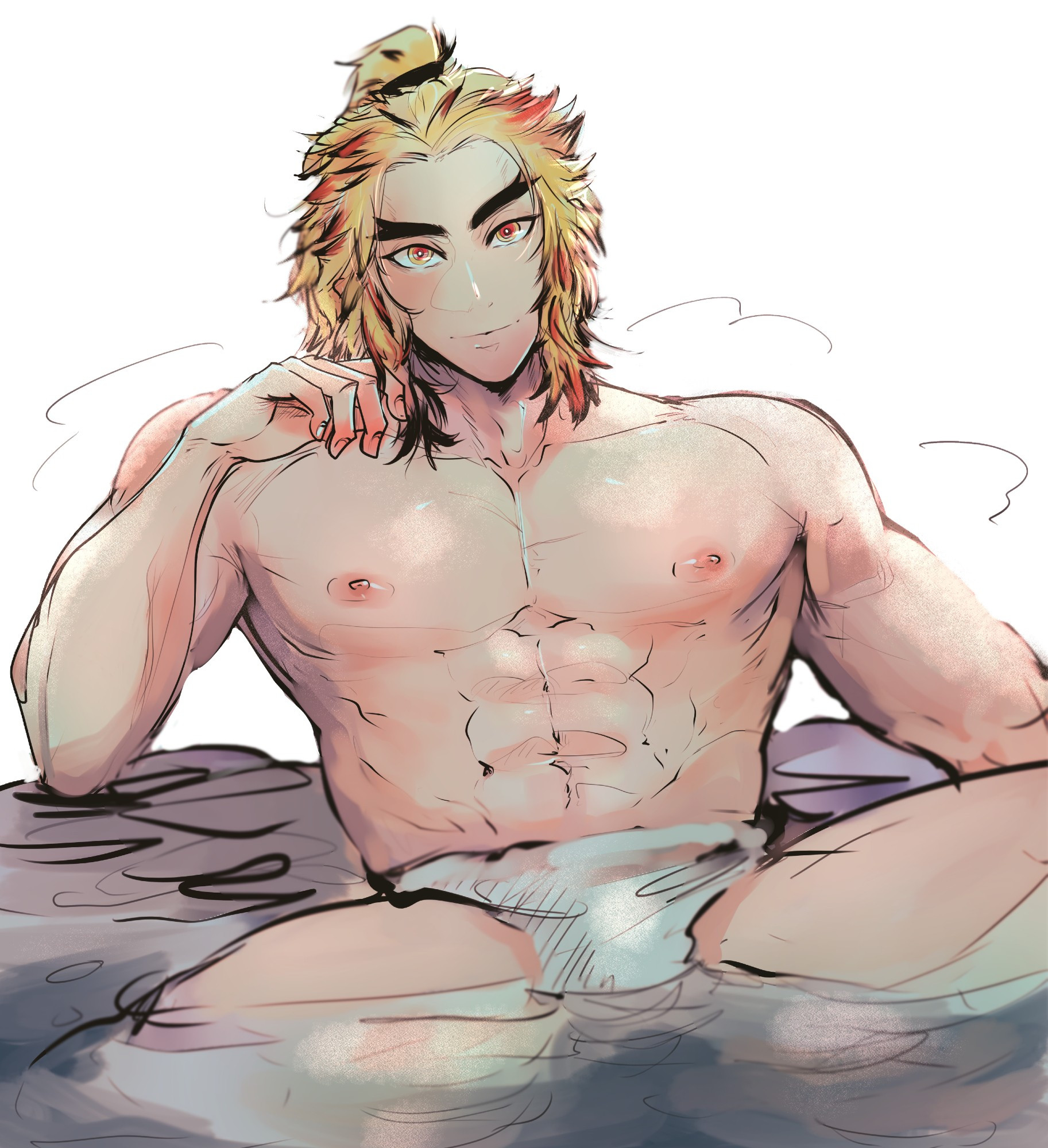 fanart of character rengoku kyojuro from demon slayer, shirtless, soft eyes and smile, huge pecs and chilling comfortably in an onsen