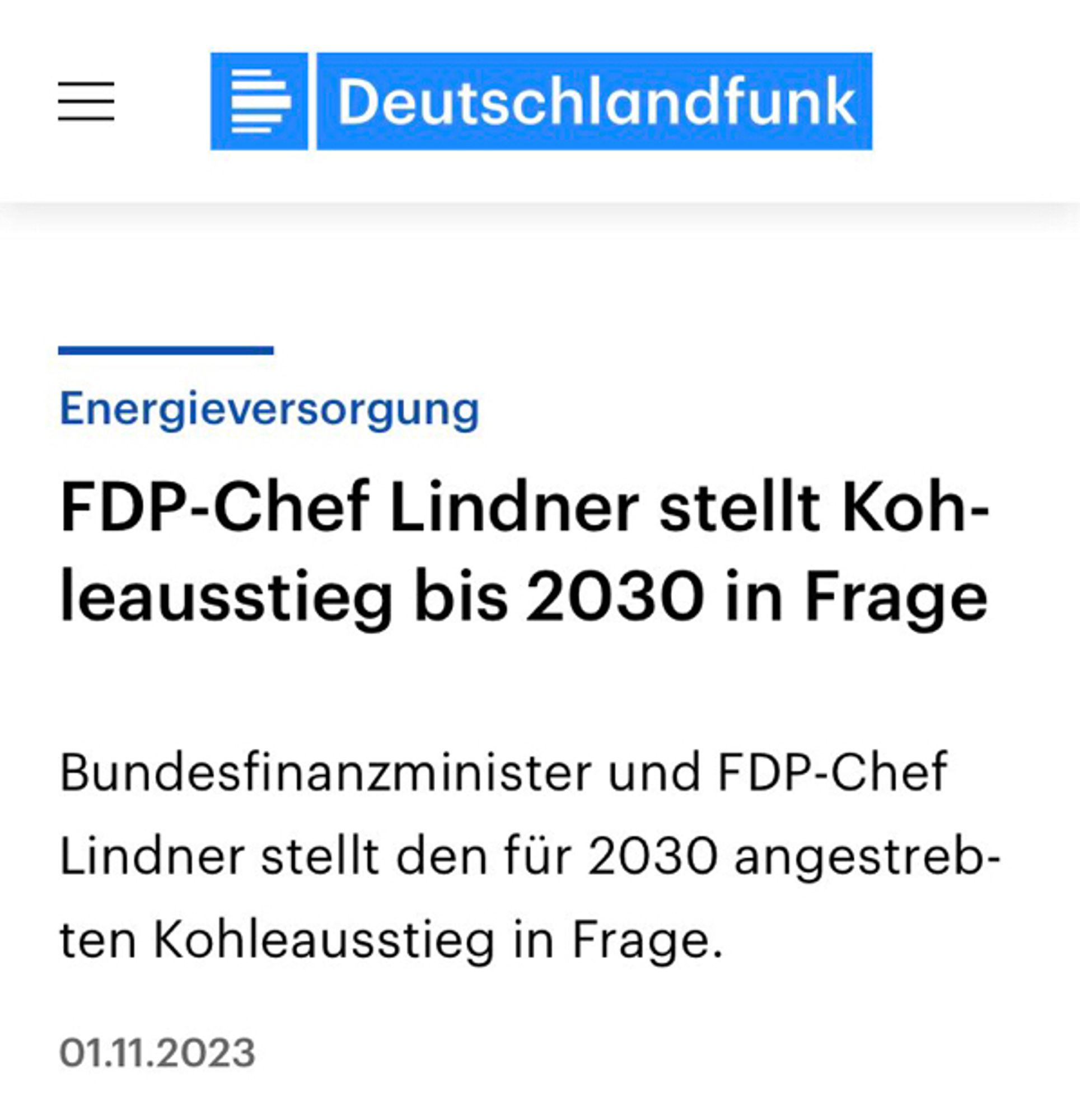 Screenshot Deutschlandfunk-Beitrag: „FDP-Chef Lindner stellt Kohleausstieg bis 2030 in Frage“