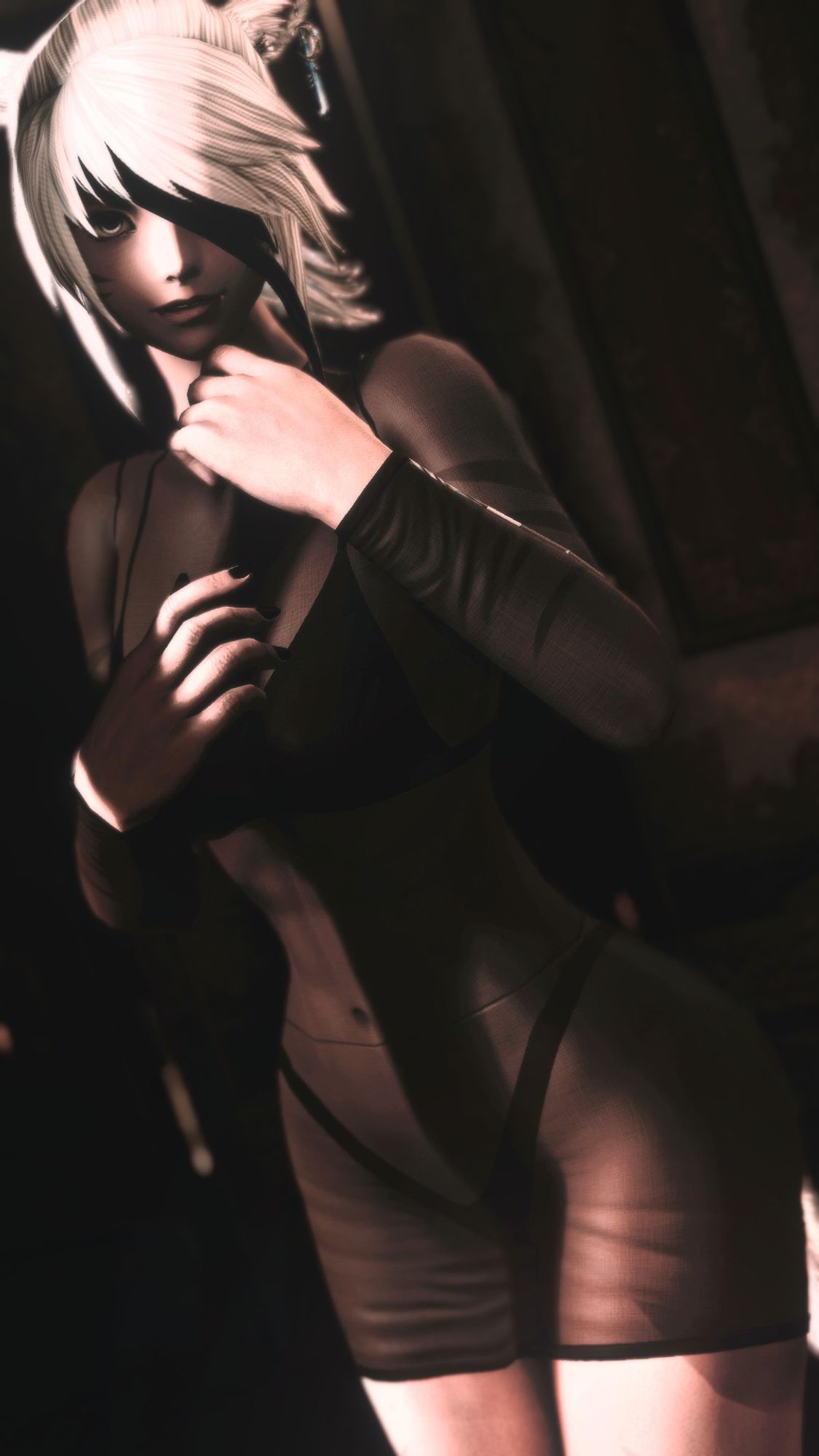 white-haired catgirl nervously looking at the viewer while wearing a mostly transparent, conforming black dress, revealing her black thong and bra beneath. she is wearing her usual black bandana, with light from a nearby window illuminating her face