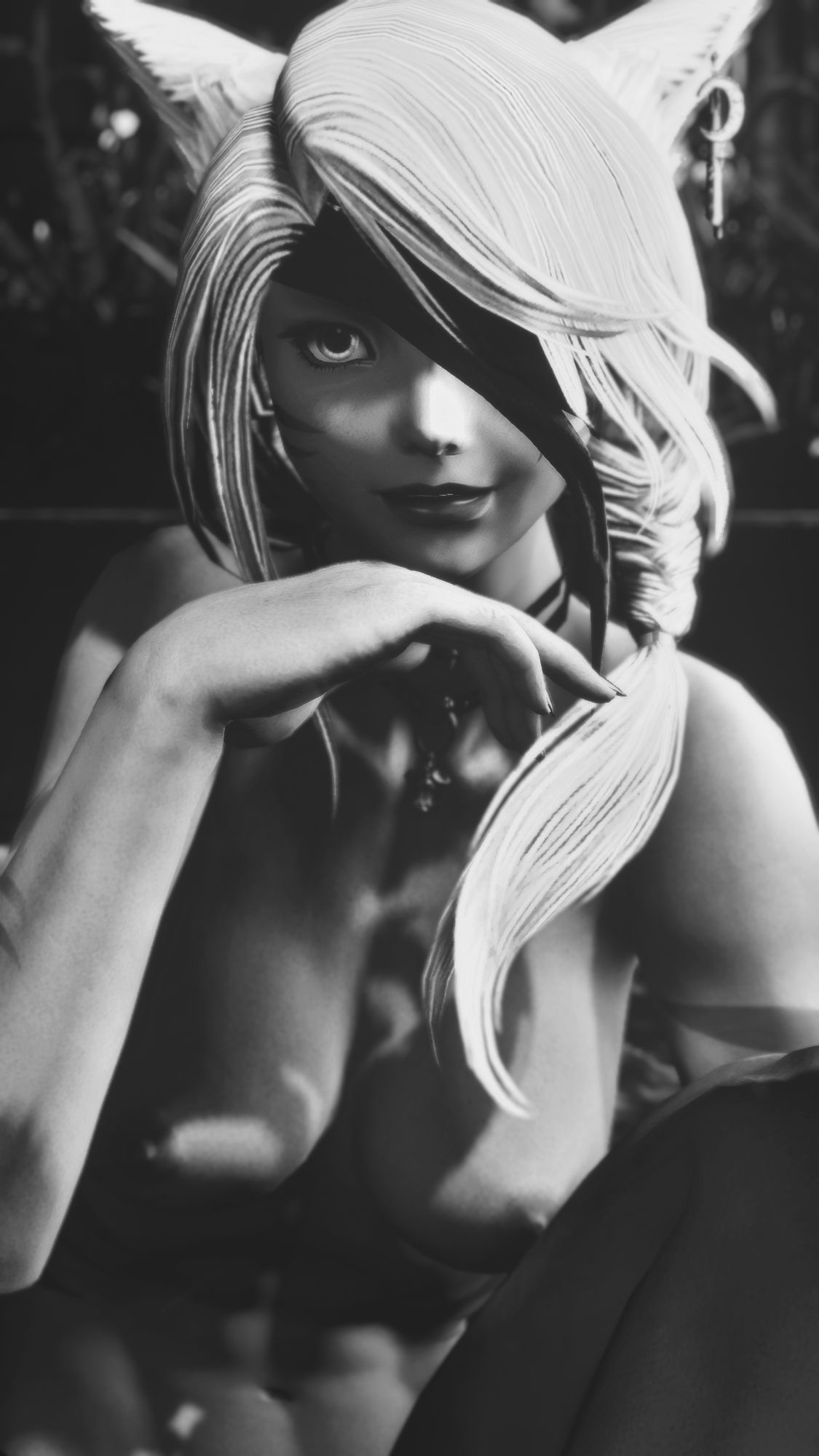 black and white portrait close-up of a nude, seated catgirl with white hair and wearing a black bandana over her left eye. she has one hand raised to below her chin as though in thought, and her expression is inquisitive