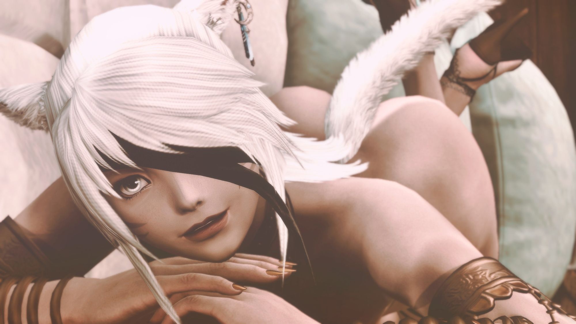 white-haired catgirl in  a black bandana, gold arm bangles, and a pair of high heels, laying on a couch and gazing curiously as the viewer. she is otherwise nude. behind her, her backside is partially raised