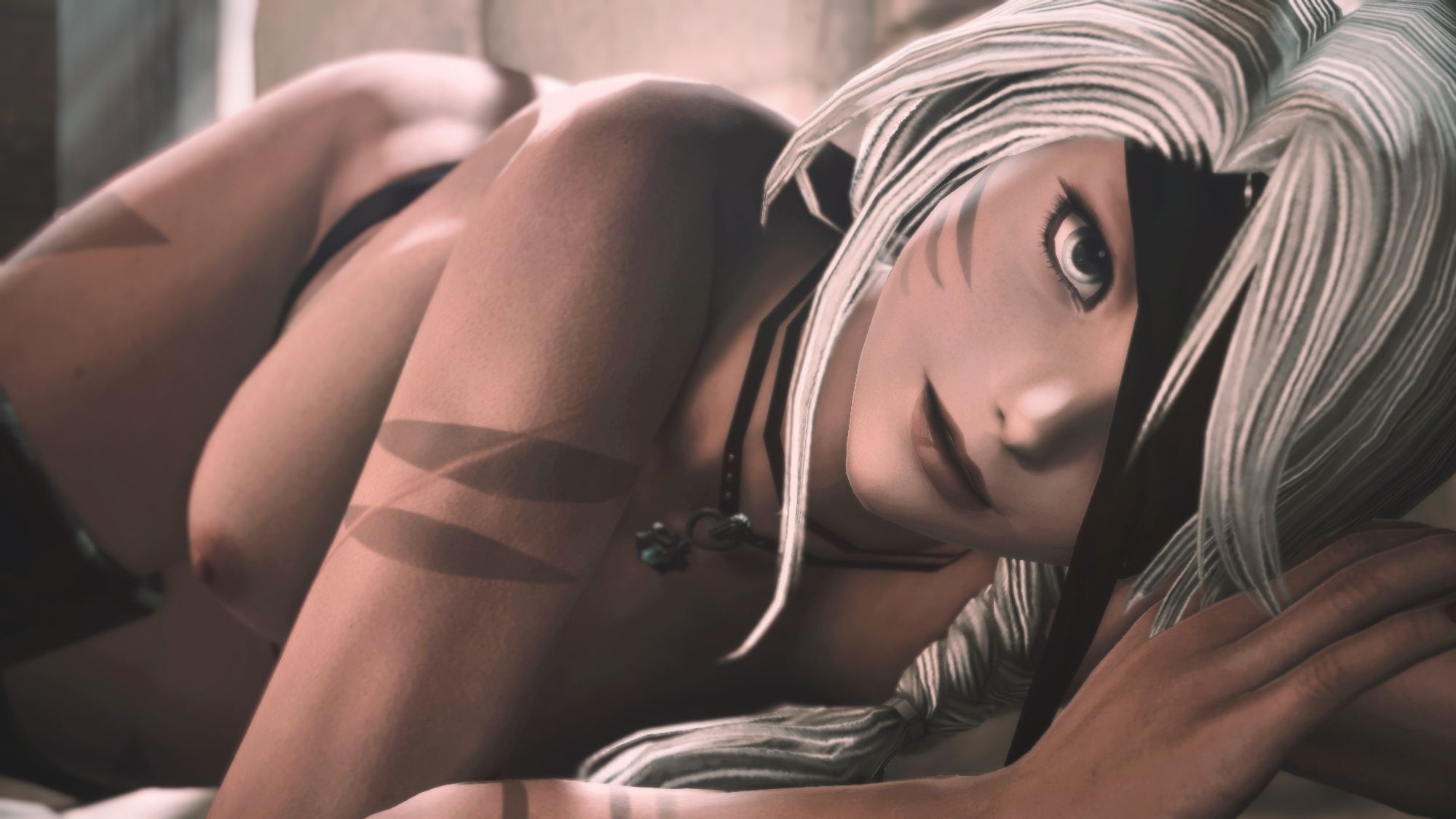 a mostly nude catgirl  laid out on a sofa, stretching away from the viewer. she has white hair and grey eyes, though one eye is obscured by a black bandana. she is resting her head one one arm, and gazing at the viewer with a sort of dreamy look