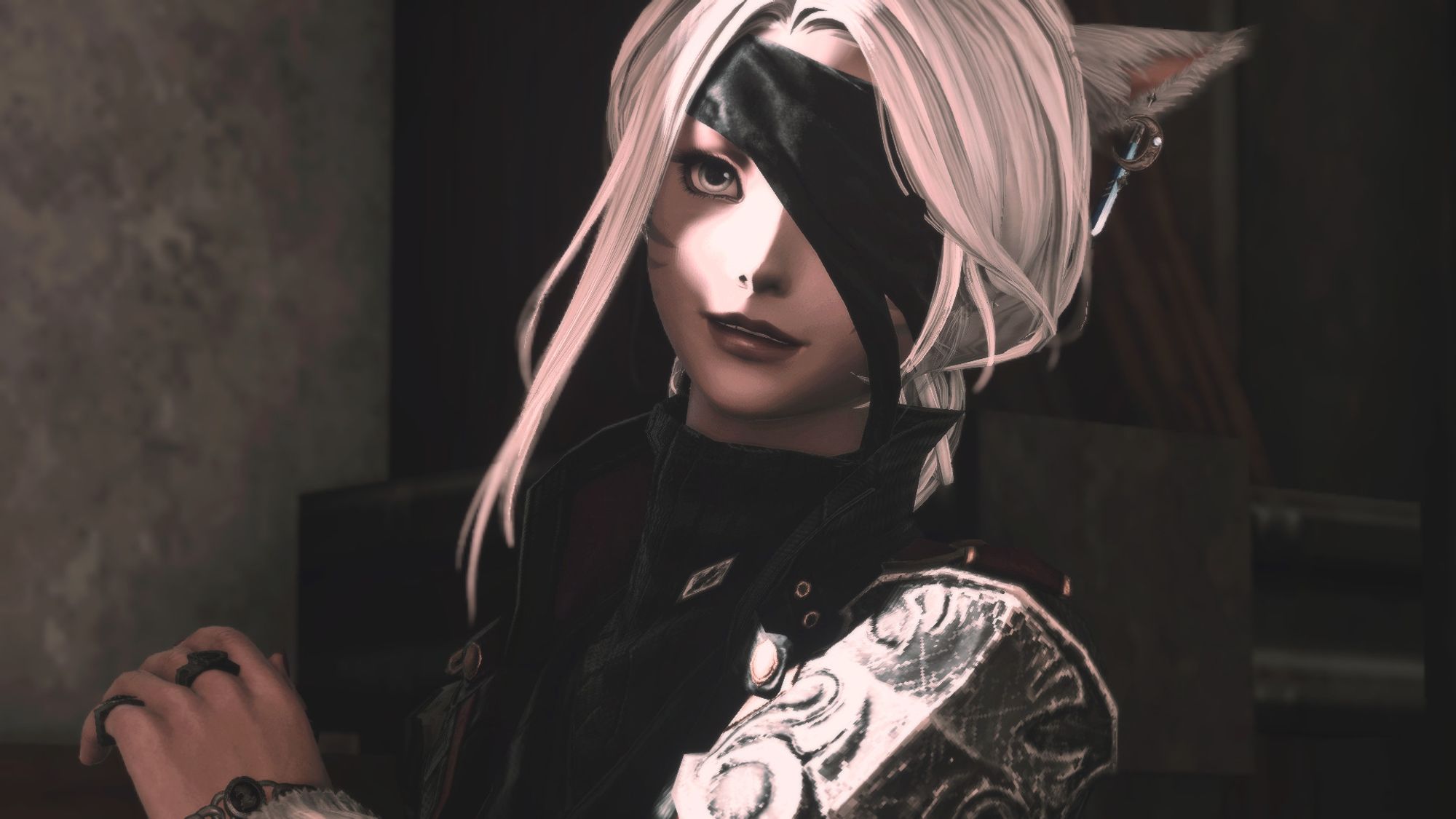 a white-haired catgirl, framed from the bust up. she is wearing a black jacket with bits of armored plating on it and her normal black bandana over one eye. she is partially lit by the light of a nearby window and her hair is pulled up in a bun