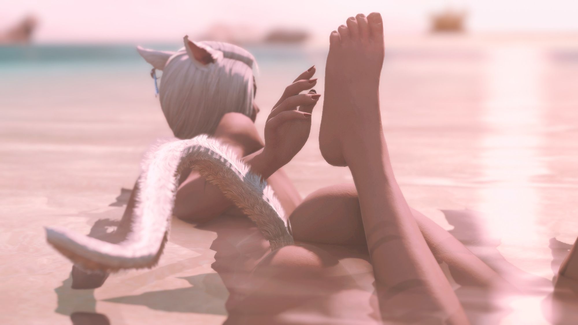 a white-haired catgirl partially submerged in the water at the beach. it is early morning and she is nude, laying to one side while gazing off toward the horizon. most of her body is obscured by the water