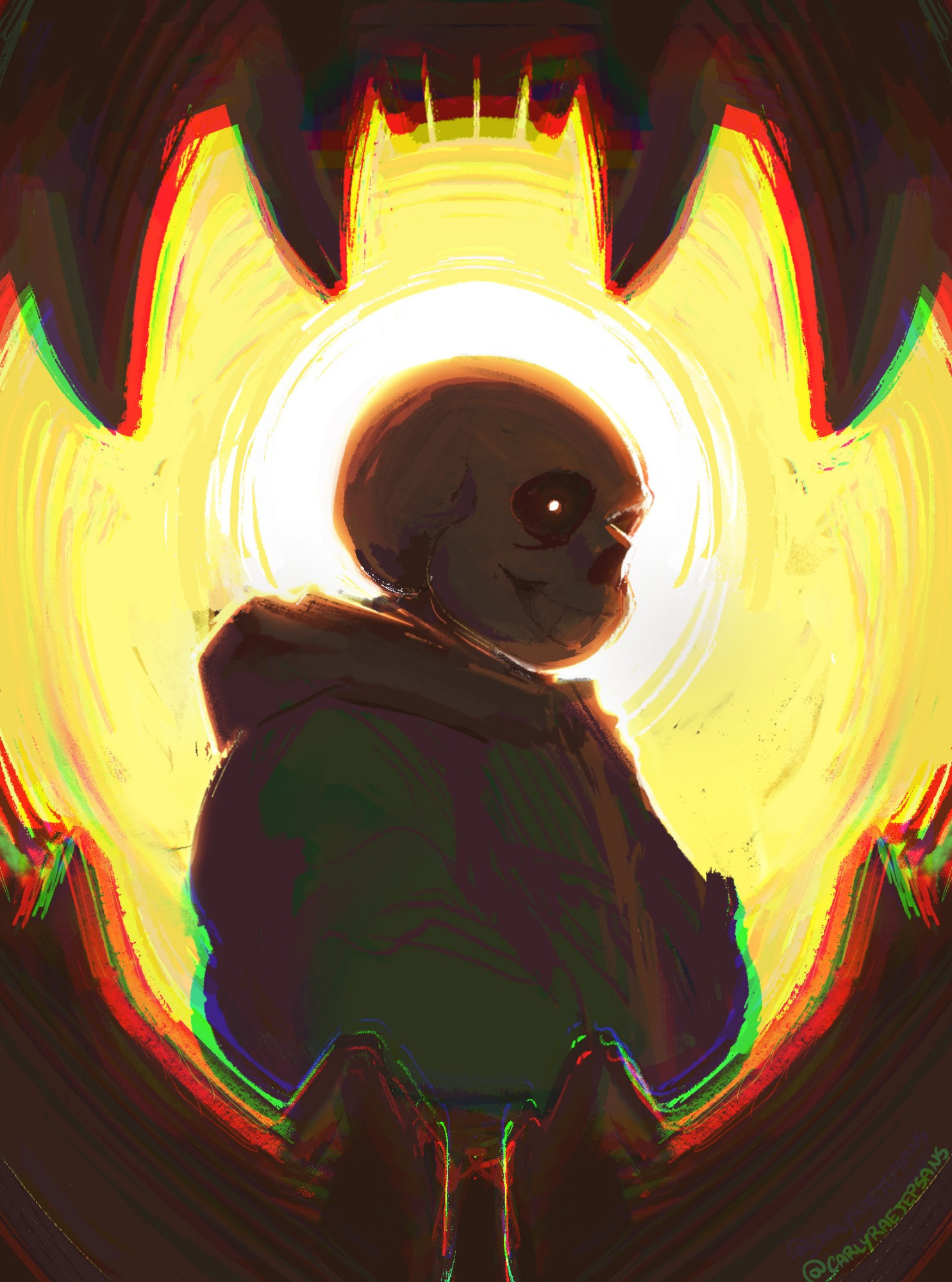 Digital painting of Sans from Undertale staring at the viewer from between the jaws of a Gaster Blaster. He is backlit by the blast charging behind his head like a halo.