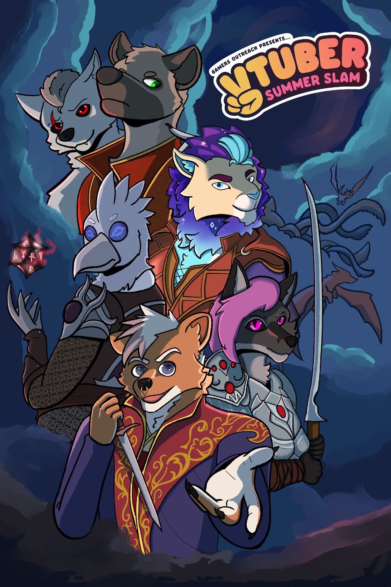 A redrawing of the Baldur's Gate 3 main promotion/cover art but with various people's fursonas as the characters. 

We have a werewolf looking over an anthro hyena's shoulder in the top left corner, as if the werewolf is a devil on the yeen's shoulder. To the right is an anthro lion with a starry, purple and blue mane. Left is an anthro bird with galaxy eyes holding a floating prism. Right is a silver fox with pink hair and pink eyes holding a sword. Center bottom is a stoat with a nose piercing holding a dagger and stretching their hand toward the viewer.

The background is a swirl of blue clouds. A nautoloid with a dragon flying above it peeks from the clouds in top right area, just below the Vtuber Summer Slam logo.