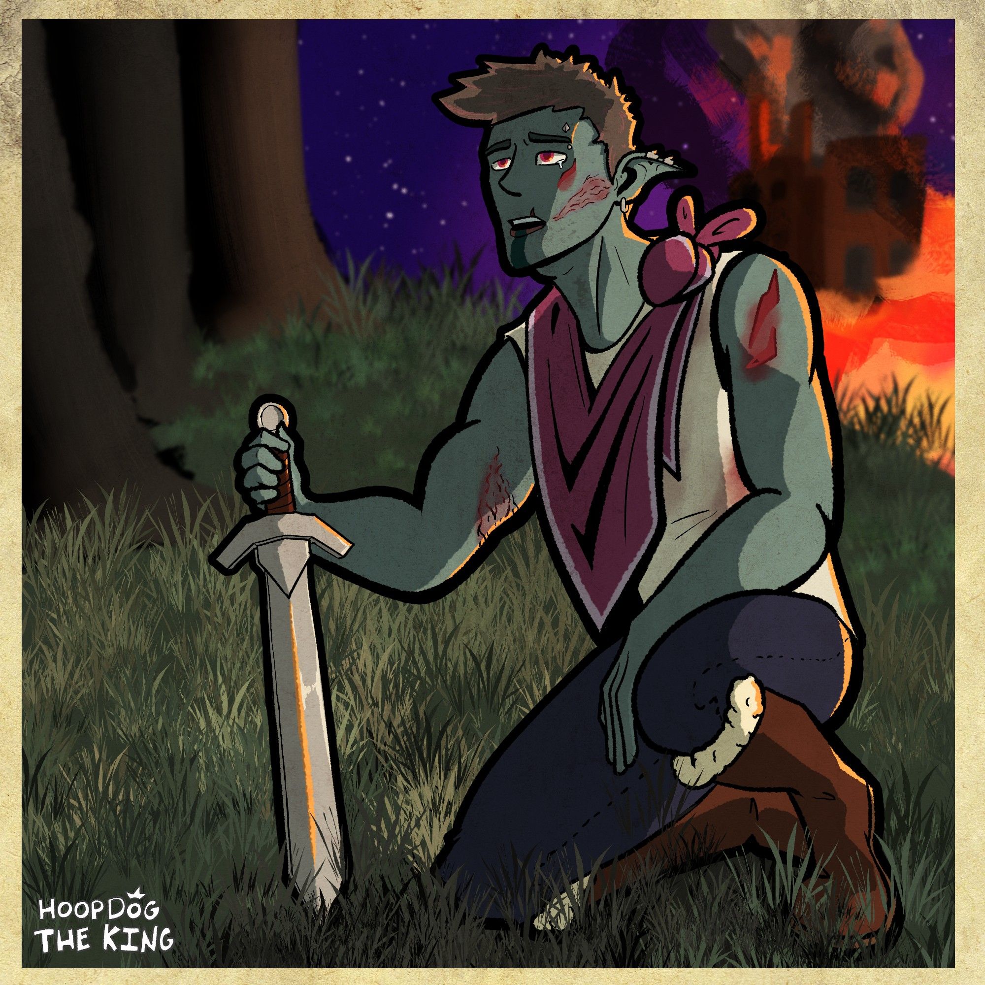 A blue-skinned dark elf named Palace kneels in grass with a sword pointed to the ground in their right hand. They're dressed in a white, sleeveless shirt, blueish-black trousers, brown boots with fur lining, and a silver-lined, purple cloth tied around their shoulders. There are wounds and burns on their arms and face and some bloodstains on their shirt. Behind them, a fire rages. Tears form in their eyes are they speak to someone off-screen.