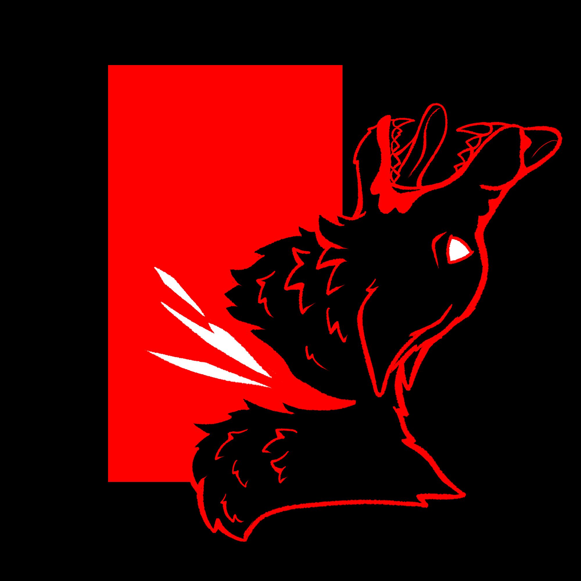 A black wolf head and neck outlined in red on a black background with its eye colored solid white. There is a split in its neck as if it's being decapitated and white "blood" coming from the split. This image is set on an off-center red box.