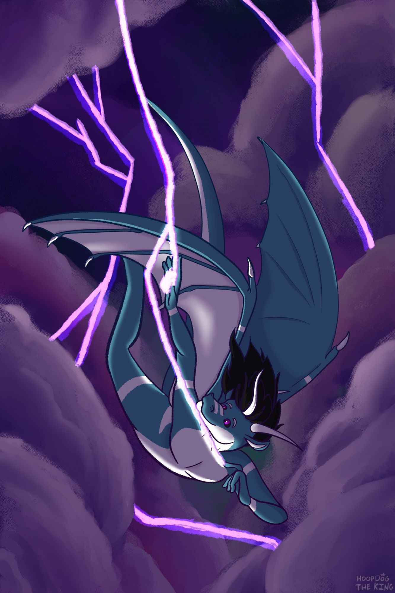 A blue and white anthro dragon named Shol'va flying in the middle of a lightning storm, touching the lightning with their fingertip and palm.