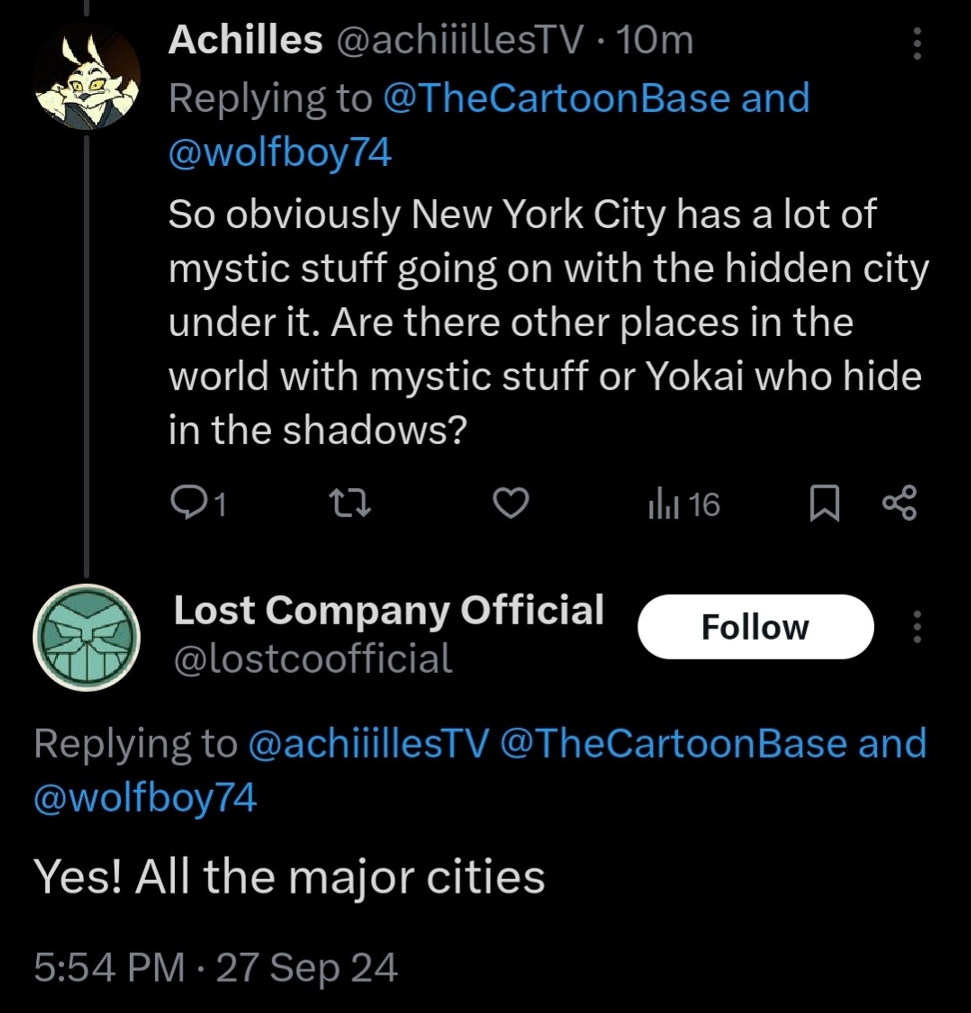 A Twitter user asks:
"So obviously New York City has a lot of mystic stuff going on with the hidden city under it. Are there other places in the world with mystic stuff or Yokai who hide in the shadows?"

Andy replies: 
"Yes! All the major cities"