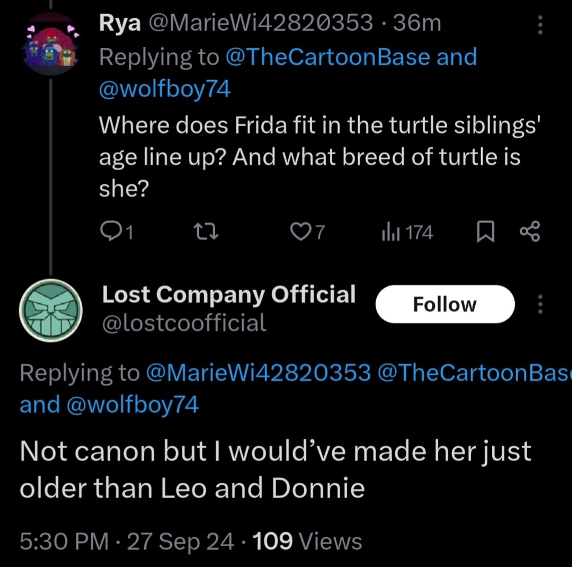 A Twitter user asks:
"Where does Frida fit in the turtle siblings' age line up? And what breed of turtle is she?"

Andy replies:
"Not canon but I would've made her just older than Leo and Donnie"