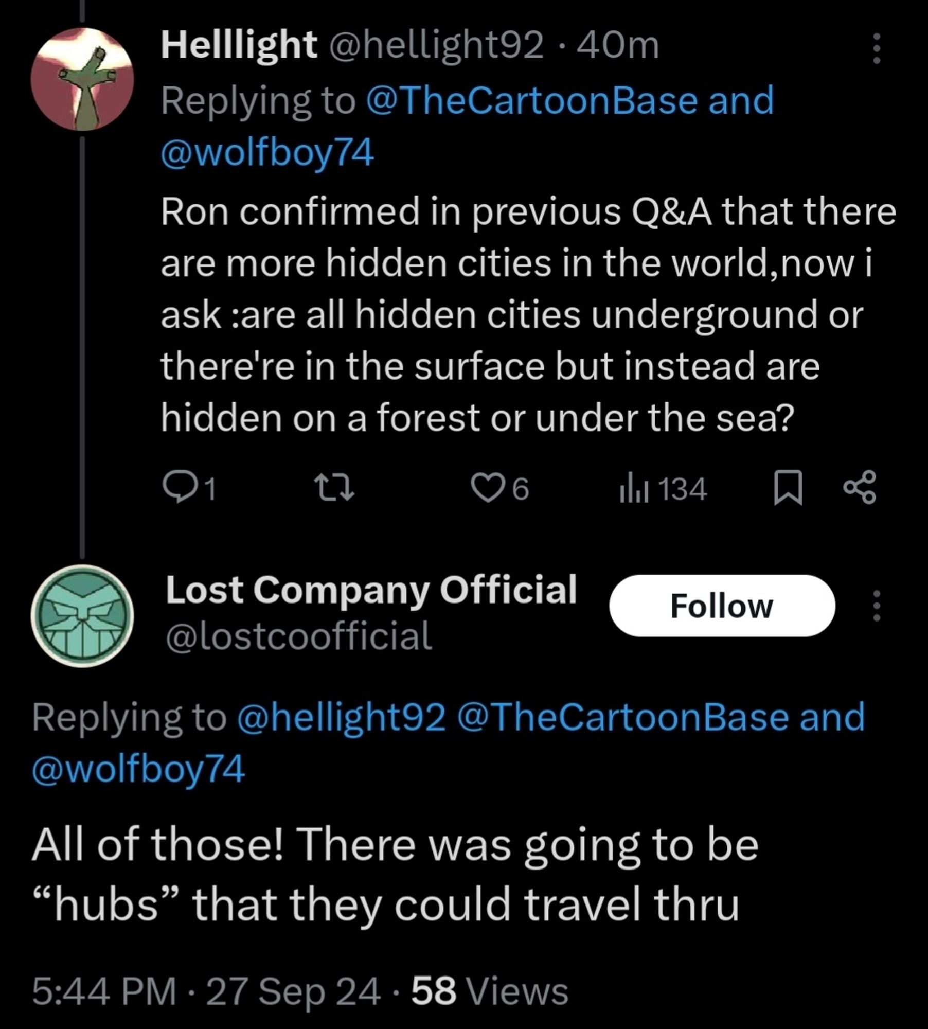 A Twitter user asks:
"Ron confirmed in previous Q&A that there are more hidden cities in the world,now i ask :are all hidden cities underground or there're in the surface but instead are hidden on a forest or under the sea?"

Andy replies:
"All of those! There was going to be "hubs" that they could travel thru"