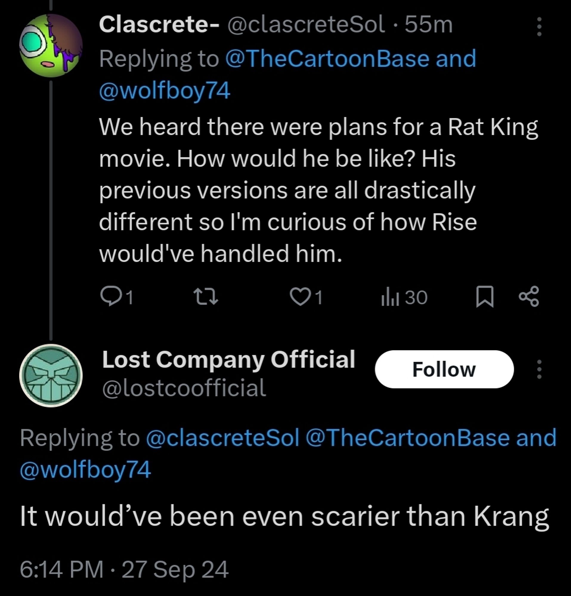 A Twitter user asks:
"We heard there were plans for a Rat King movie. How would he be like? His previous versions are all drastically different so I'm curious of how Rise would've handled him."

Andy replies:
"It would have been even scarier than Krang"