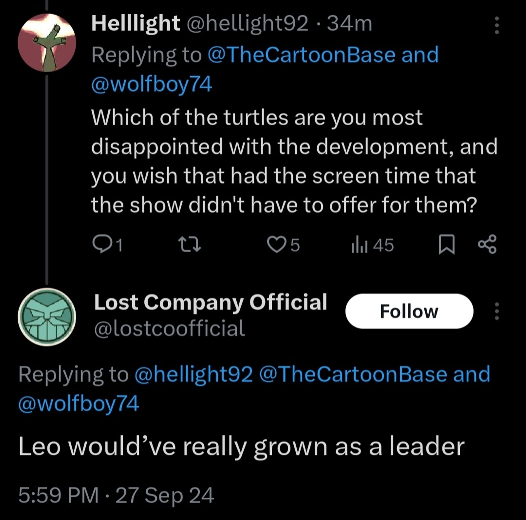 A Twitter user asks:
"Which of the turtles are you most disappointed with the development, and you wish that had the screen time that the show didn't have to offer for them?"

Andy replies:
"Leo would've really grown as a leader"