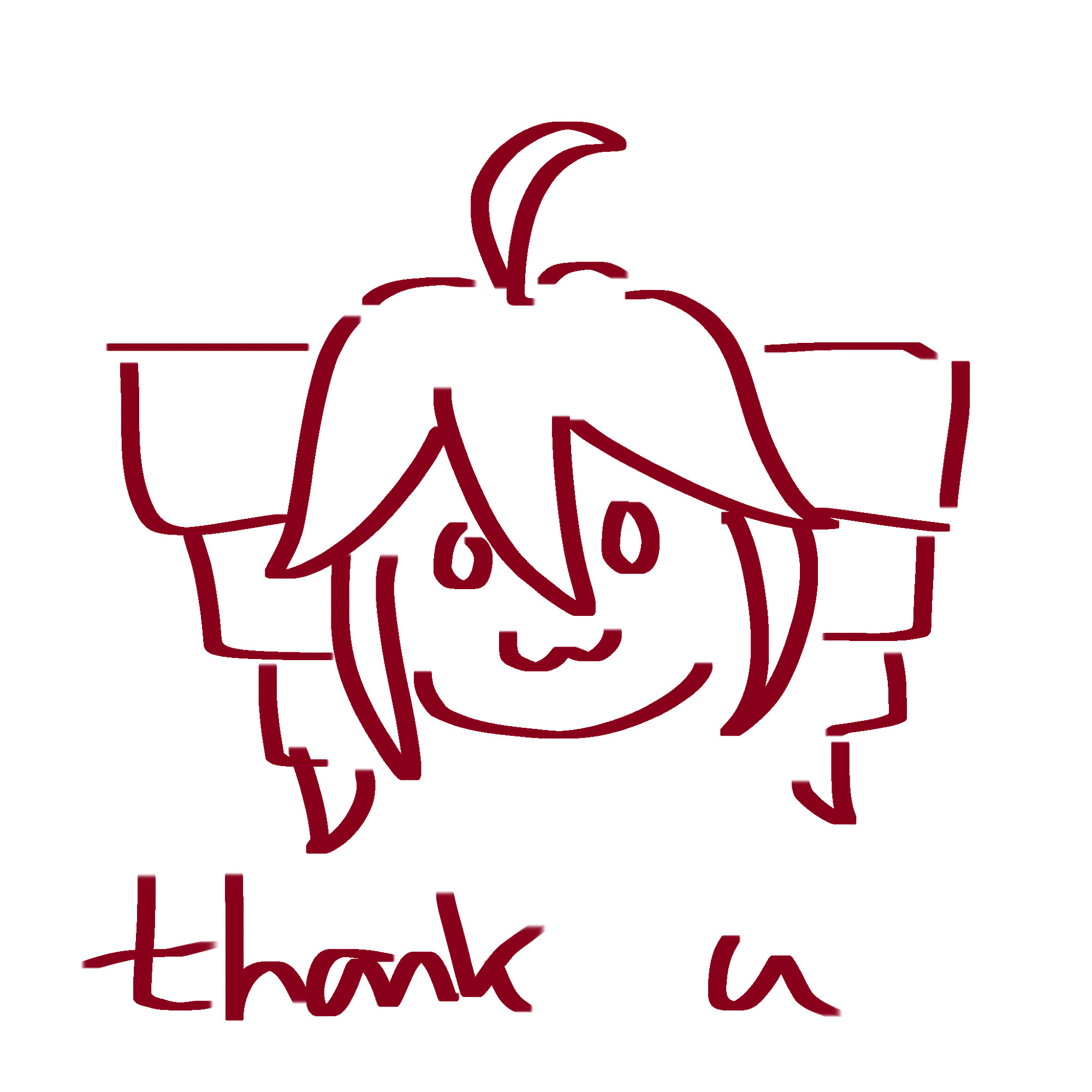 a small doodle of kasane teto with the words "thank u" underneath