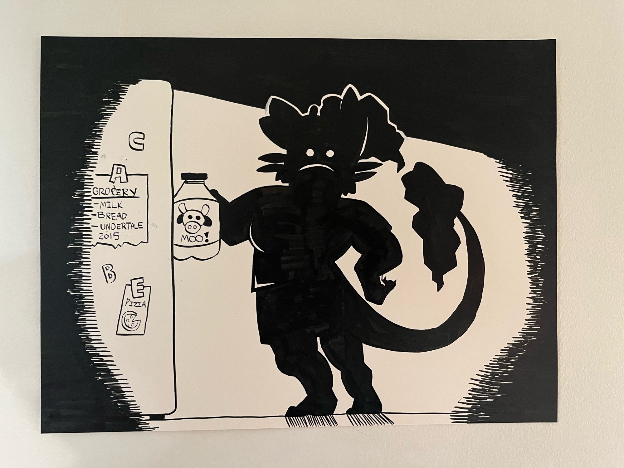 A black and white illustration of a figure, silhouetted by the light of an open fridge, taking a gallon of milk out of the fridge.
The figure’s upper torso is twisted towards the viewer as if to suggest that they have only just noticed us. 
The eyes of the figure gleam white against its black silhouetted body.
The fridge is partially obscured with shadow.  The part that is not obscured contains a C, A, B, and E magnet, that hold up a grocery list and a pamphlet for pizza.
The grocery list consists of Milk, Bread and Undertale 2015.