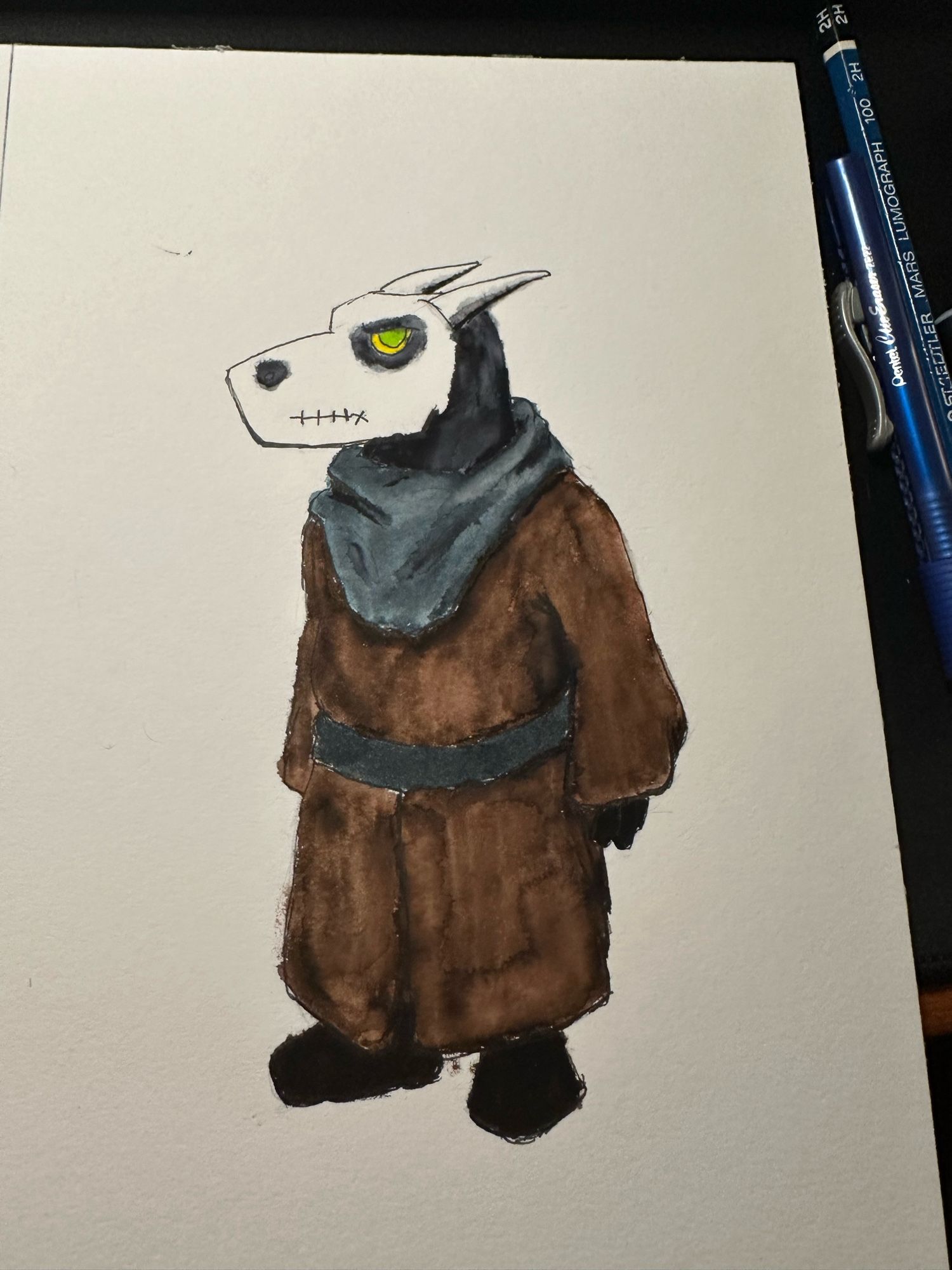 A very over the top black Dragonborn necromancer with skull face paint in the style of Kyle Ferrin’s art for the board game Root