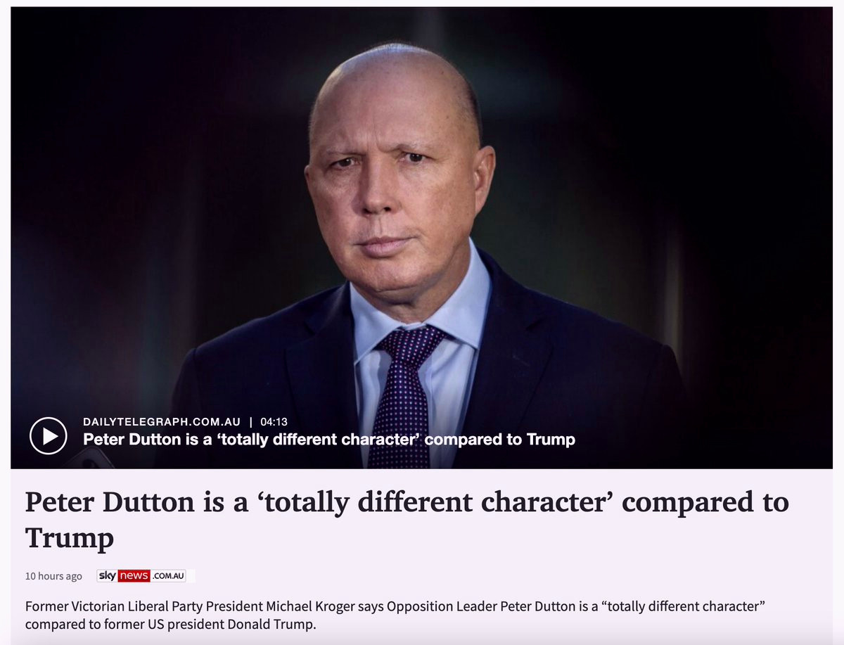 A screenshot of an article from Sky News on Peter Dutton. The photo is of Peter Dutton looking very serious. The headline reads "Peter Dutton a 'totally different character' compared to Trump.