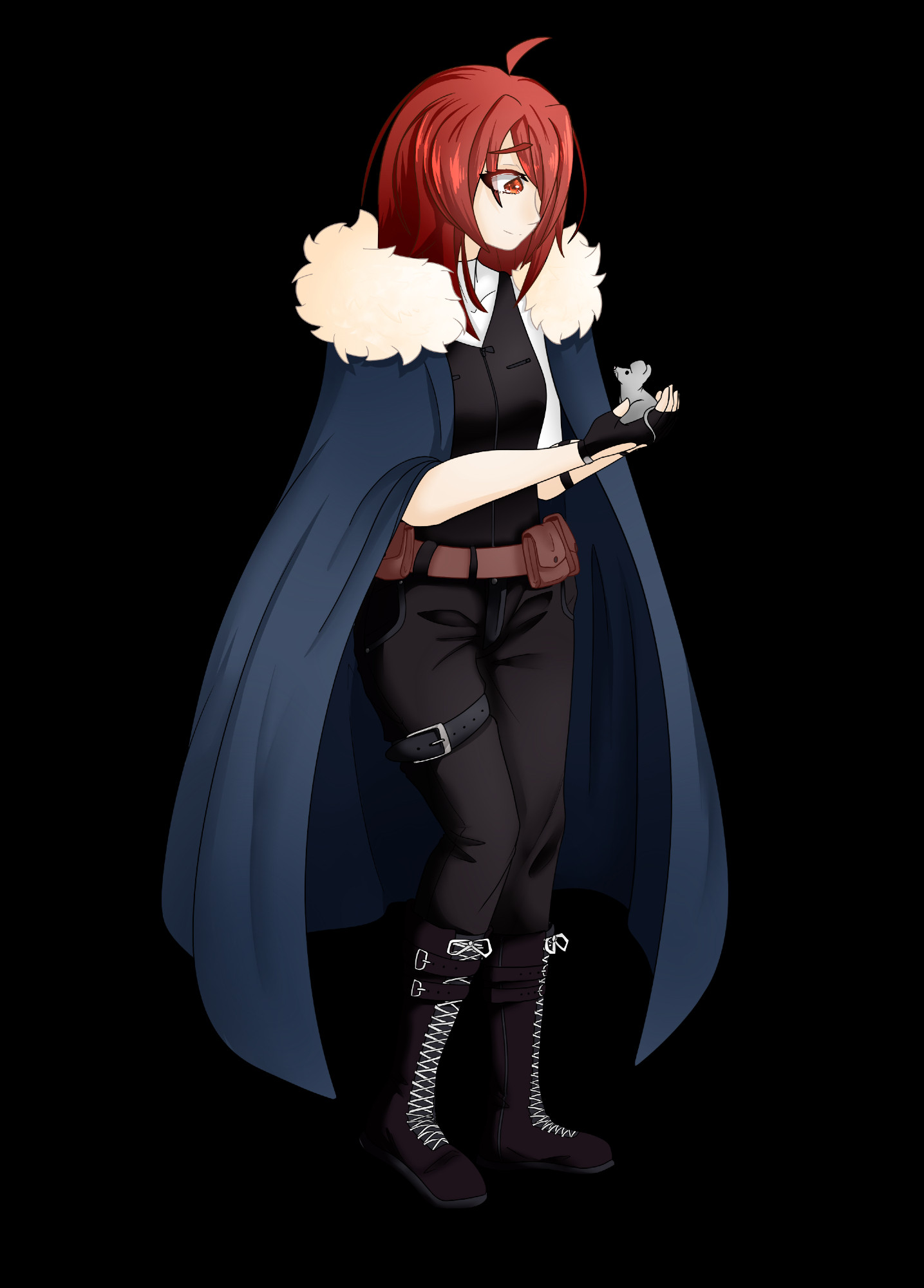 Simple image of my OC. A girl with red hair and a mouse in her hands. She wears a blue cape and dark clothes