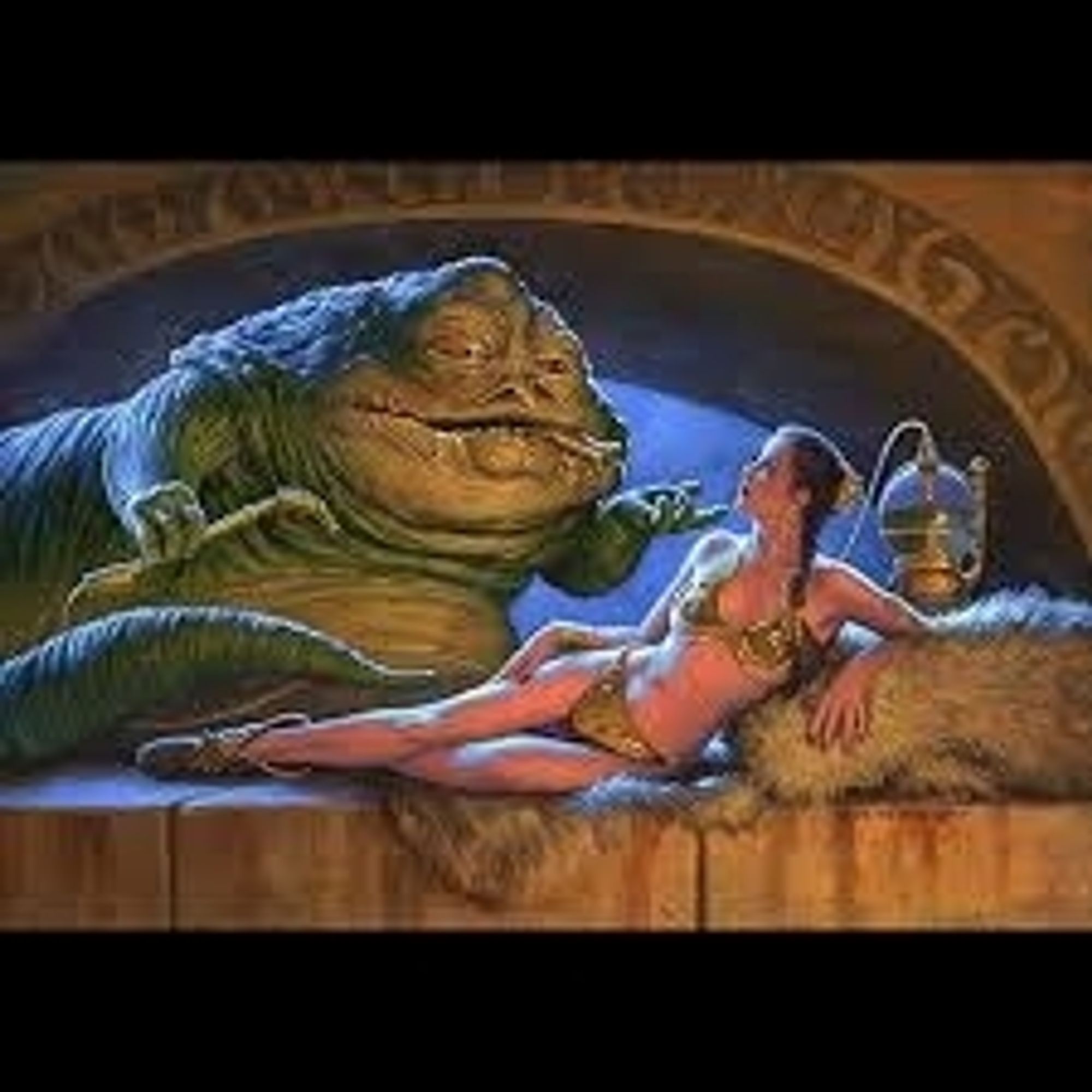 A large green lizard faced Jabba the Hutt menaces gold bikini clad Princess Leia as she reclines on a stone ledge with her elbow propped up on a white fur