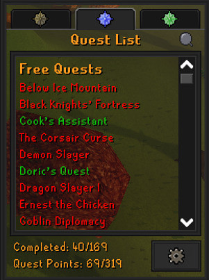 A screenshot of the runescape quest list, showing 40/169 completed quests and 69/319 quest points.