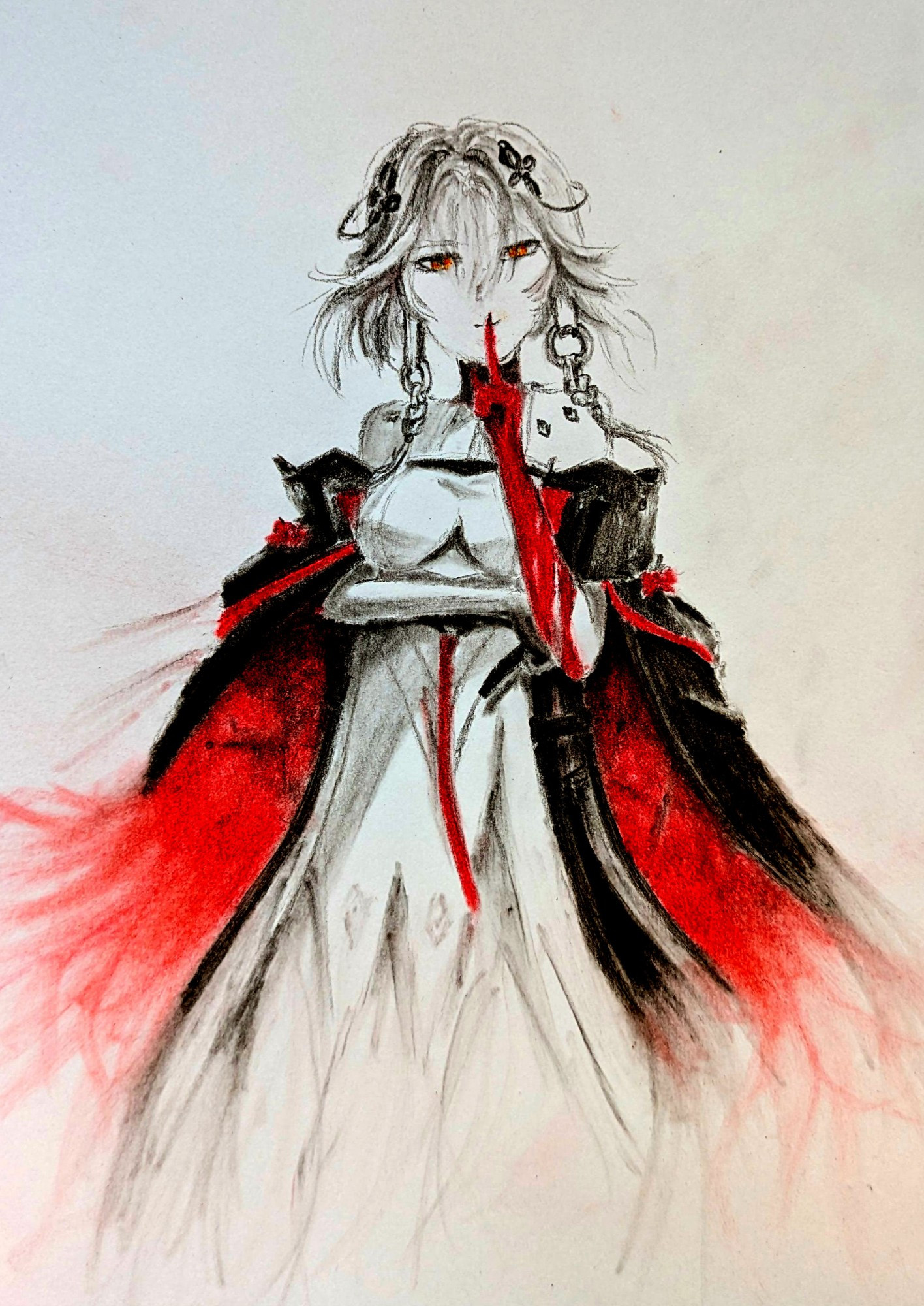 Changli from the Wuthering Waves video game, voiced by Ashleigh Haddad. Drawn in charcoal, with bright red highlights in pastel