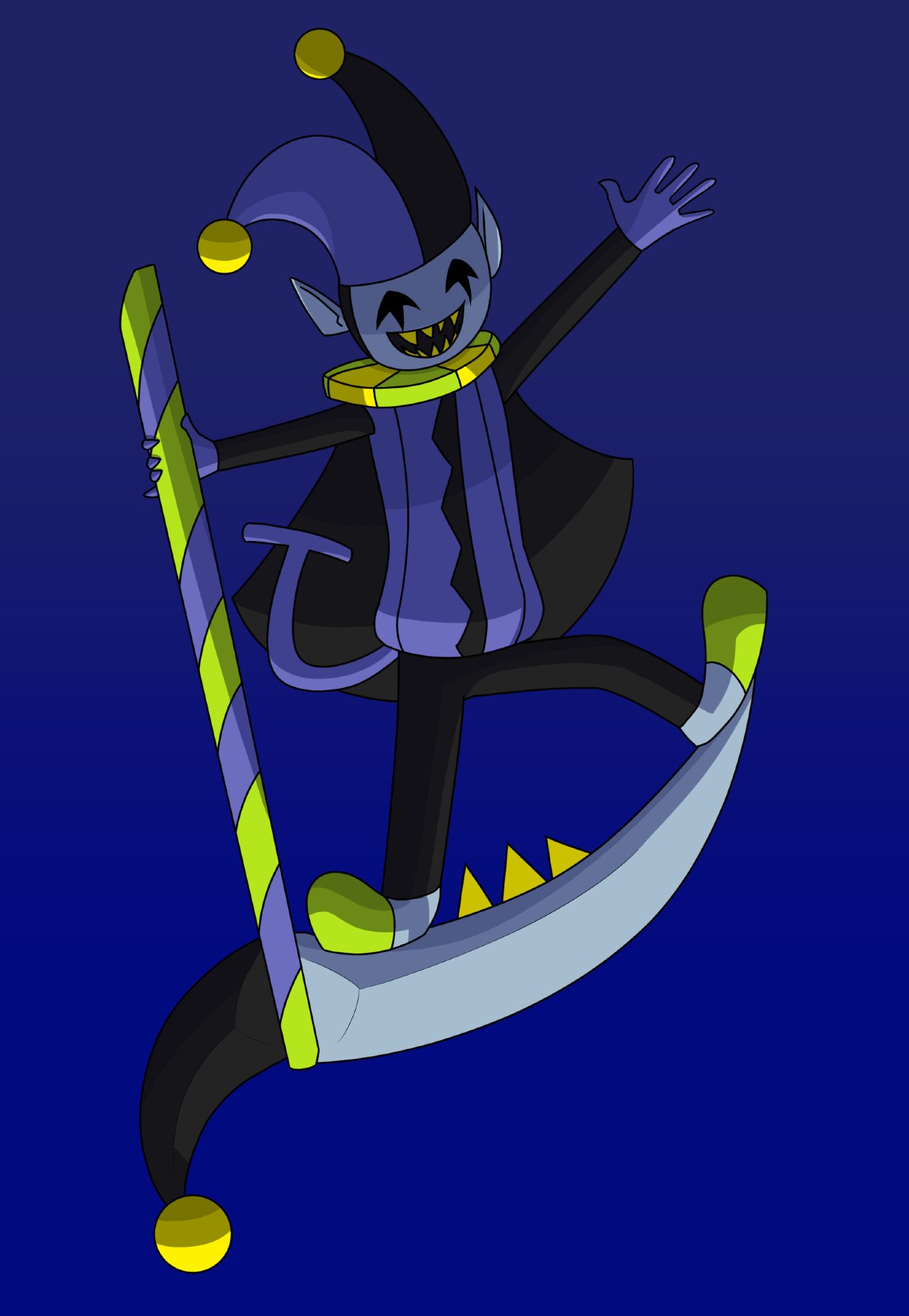 A jester in black and purple clothes standing on a striped handled scythe