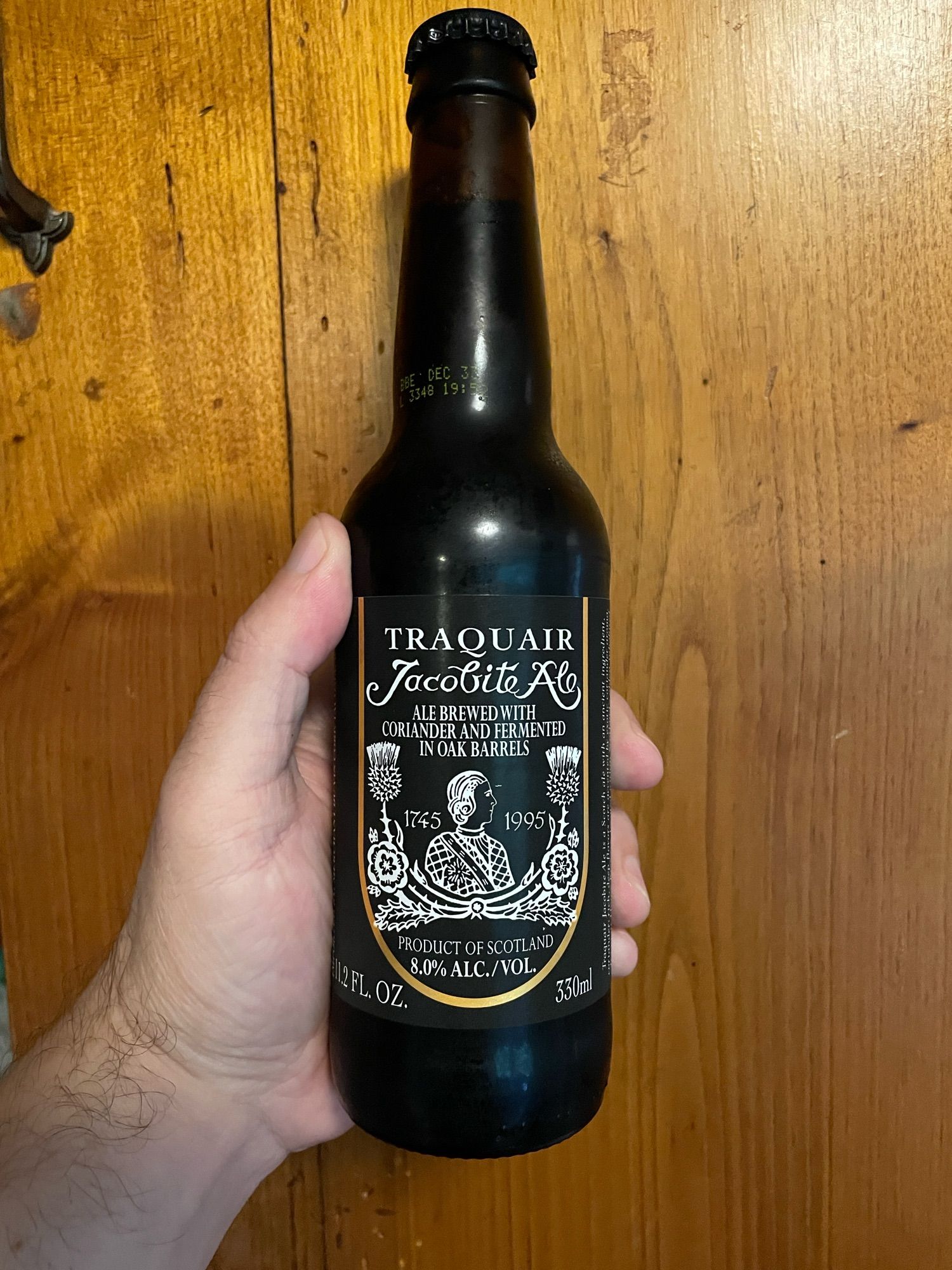 A bottle of Traquair Jacobite Ale, brewed with coriander and fermented in oak barrels