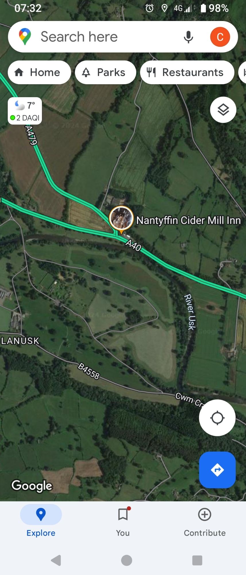 Google Maps screenshot of the Green Man Festival site, Crickhowell.