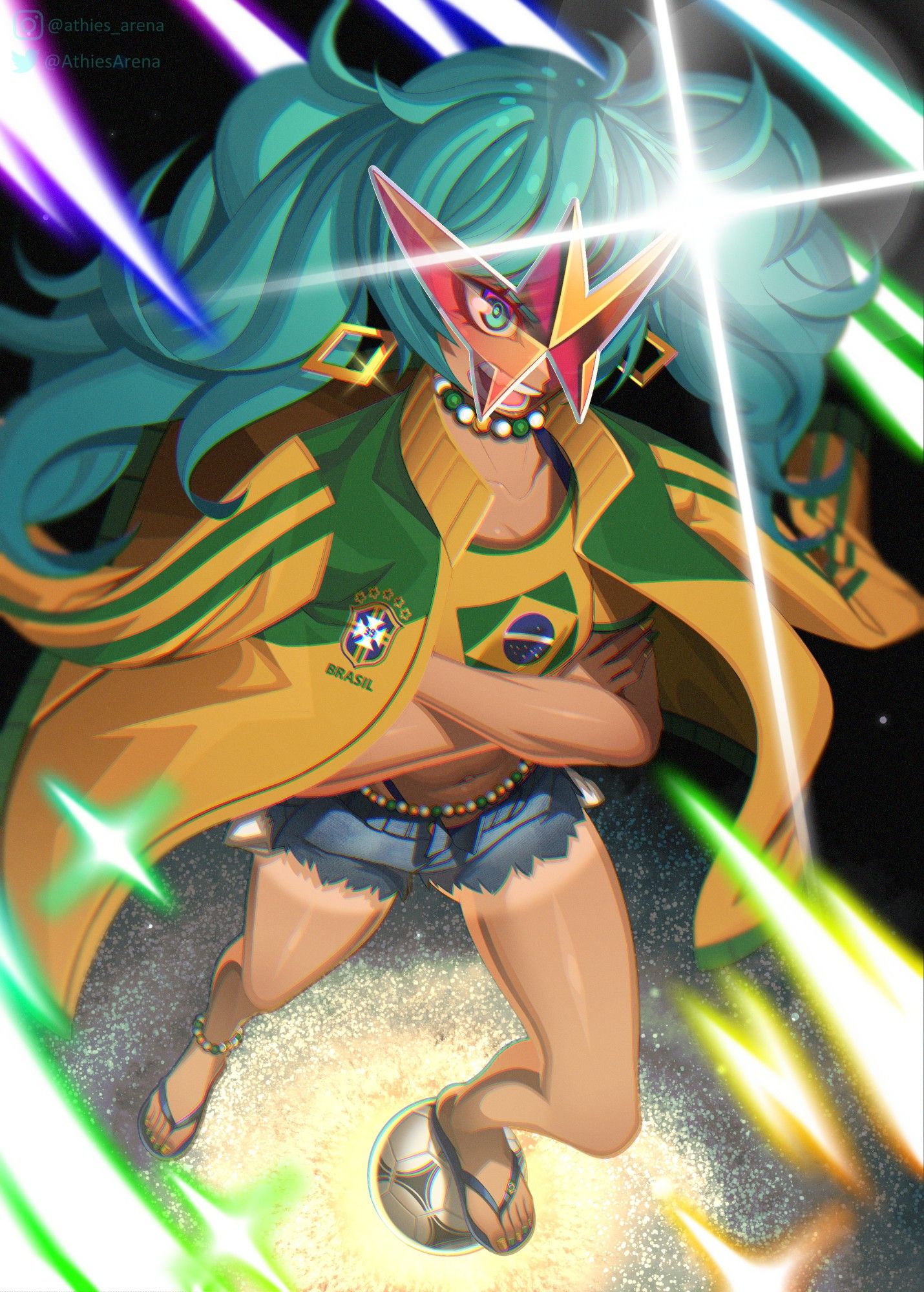 Hatsune Miku in her fan-made "brazilian miku" outfit. The art itself is a Gurren Lagann reference, with many elements from the show represented, such as the exaggerated lens flares, star-shaped sunglasses, and galaxy-themed background