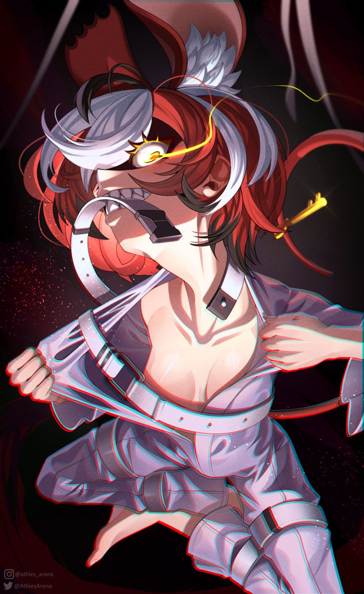 Hakos Baelz, from Hololive English, ripping open a straitjacket with her bare hands. Based on the MV for her song "Psycho"