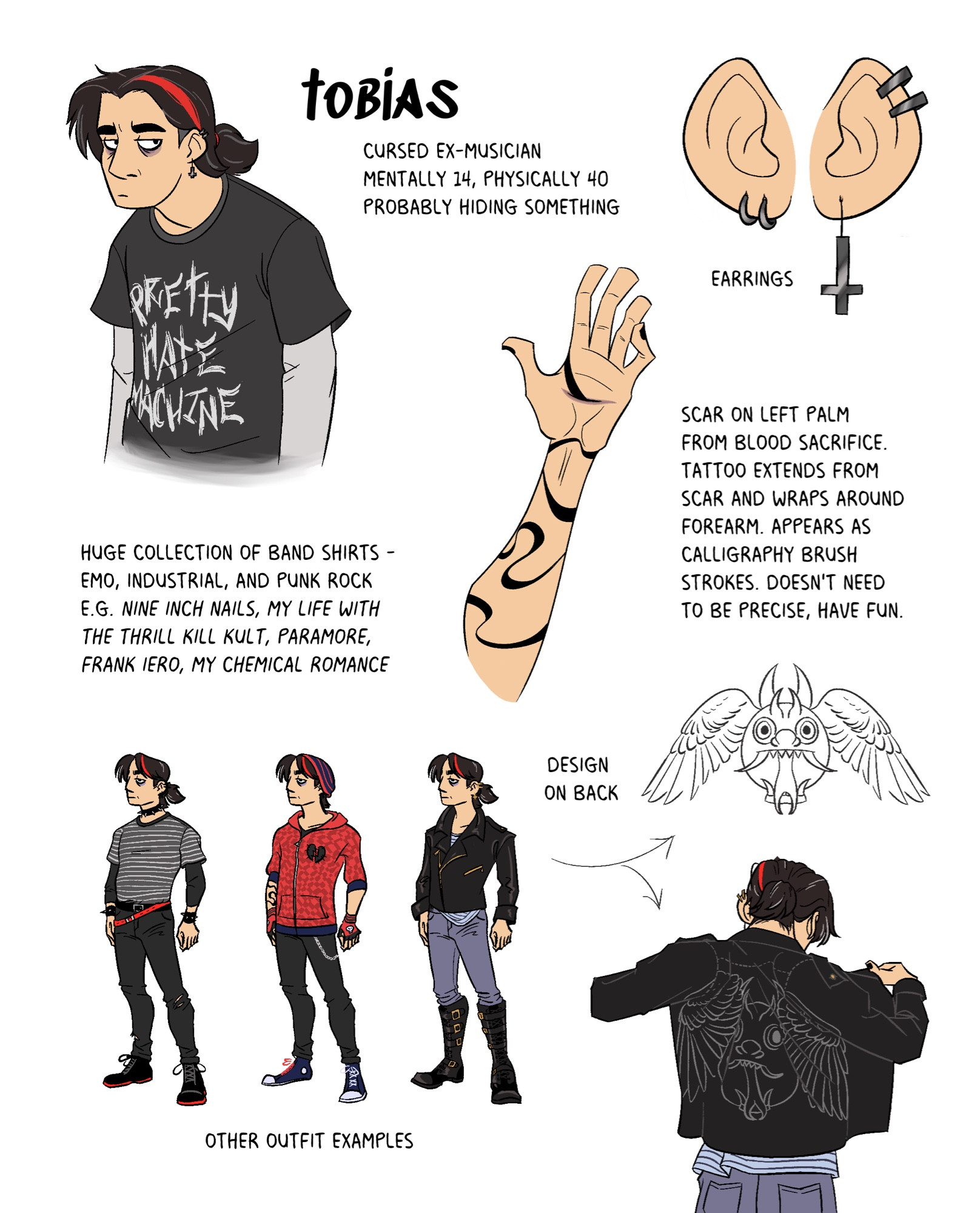 Reference sheet for Tobias. Grungy, emo, gritty eyeliner, tender eyebags, hair roughened by bleaching and dying. Torn jeans and crumbling leather. A tattoo on his left arm holding a demon that shifts like smoke.