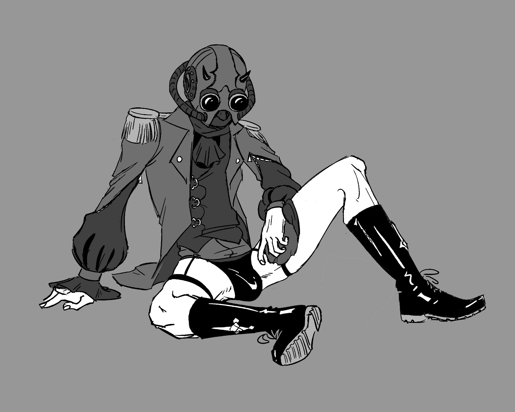 An Impera ghoul from the band Ghost, leaning back on one hand while sitting. On his top half, he is dressed in a waistcoat, jacket with epaulettes, and puff sleeves tied at the waist, along with the a gas mask-inspired helmet with an exposed nose. On his lower half, he is only wearing knee high riding boots, garter belts, and shiny underwear.