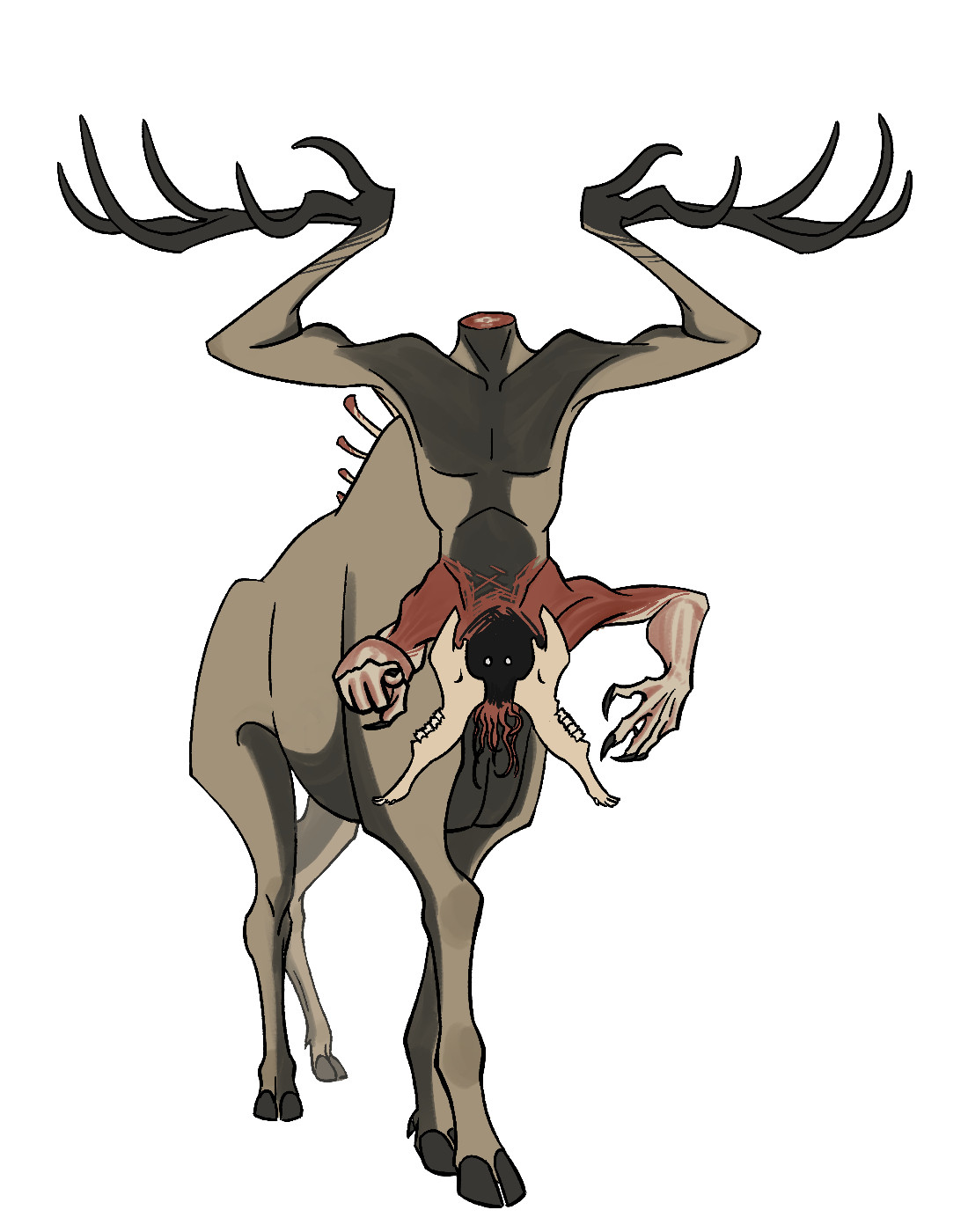 Monster from The Ritual pointing towards the monster. She resembles a deer with a twisted, decapitated human torso for a head, antlers for hands and arms instead of legs.