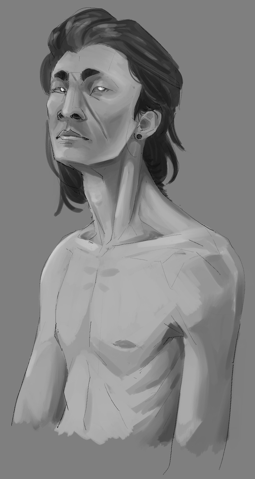 Greyscale bust of a very thin, shirtless man. He is looking towards the viewer, with light reflecting off his eyes like a cat.