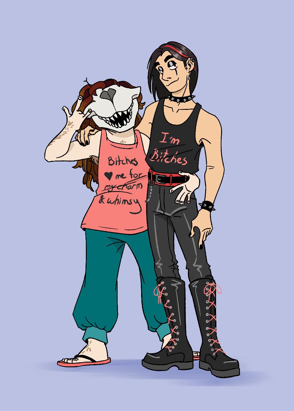 Two men posing for the camera. The man on the left wears a whale skull mask, teal sweat pants, flip flops, and a salmon tank top that reads “Bitches ❤️ me for my charm and whimsy”. He is grabbing the other man by the waist, and is making the sign of the horns with his free hand. The other man has eyeshadow, tearstain tattoos, and is smirking at the camera. He’s dressed in leather pants, knee high lace up boots, and a black tank top that reads “I’m bitches”. He also has a black spiked choker and wristbands.